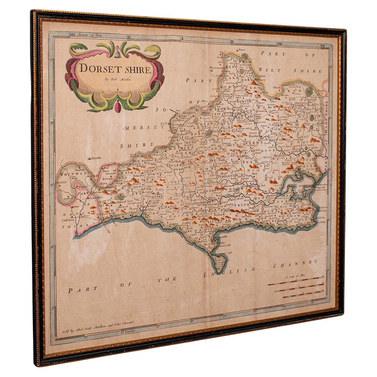 Large Antique 17th Century Dorset Map, Framed Cartography, Atlas, Robert Morden