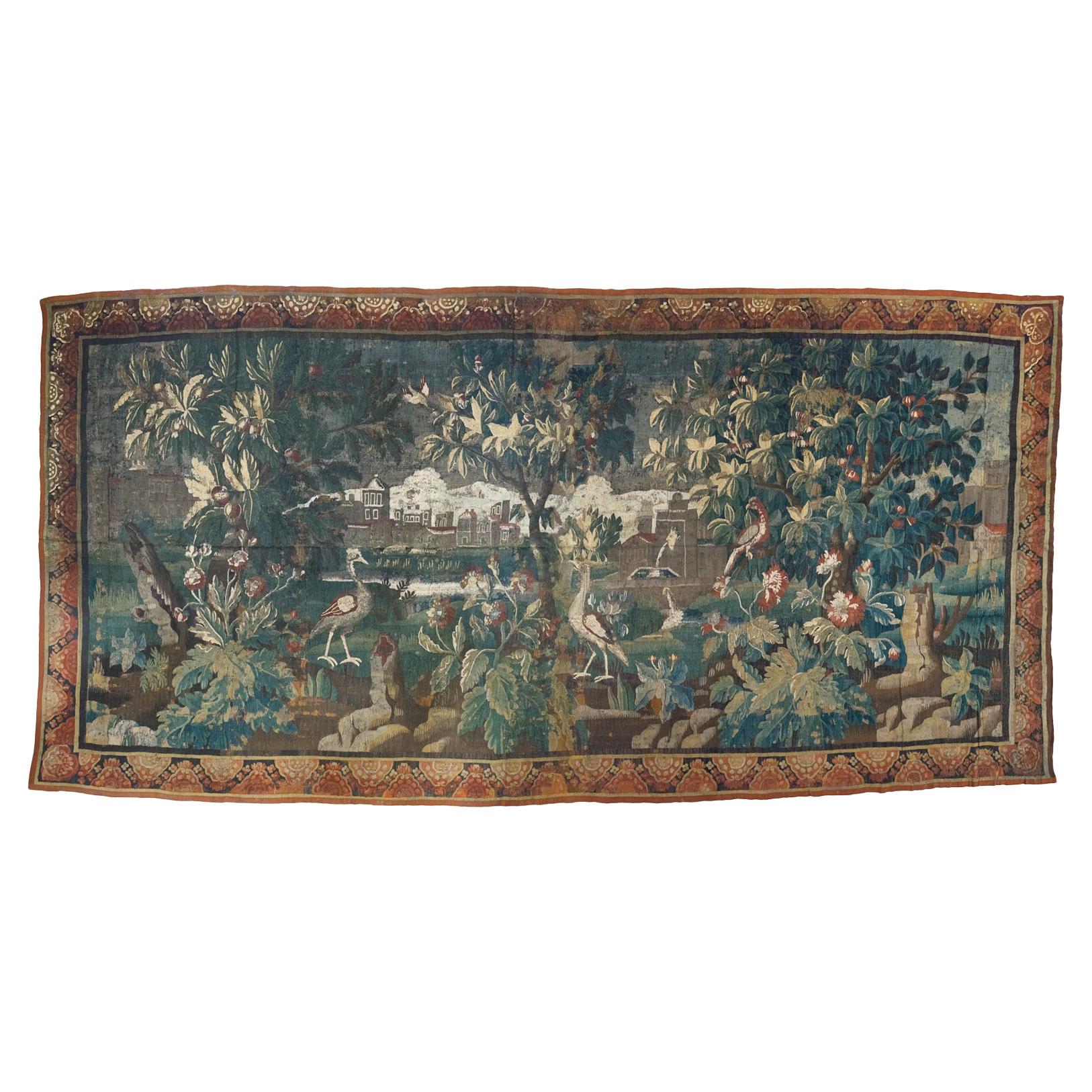 Large Antique 17th Century Flemish Verdure Landscape Tapestry with Birds