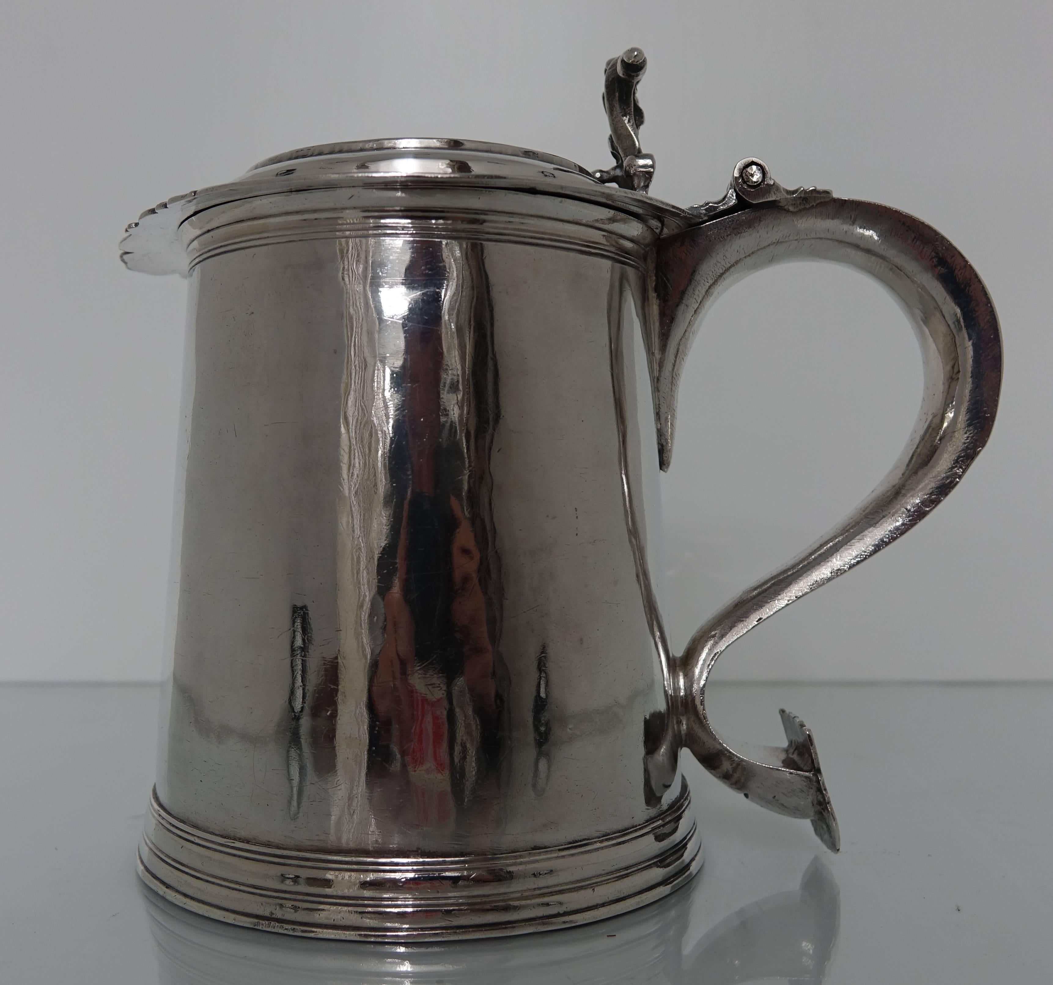 William and Mary Large Antique 17th Century Silver Tankard London, 1691, Francis Garthorne For Sale