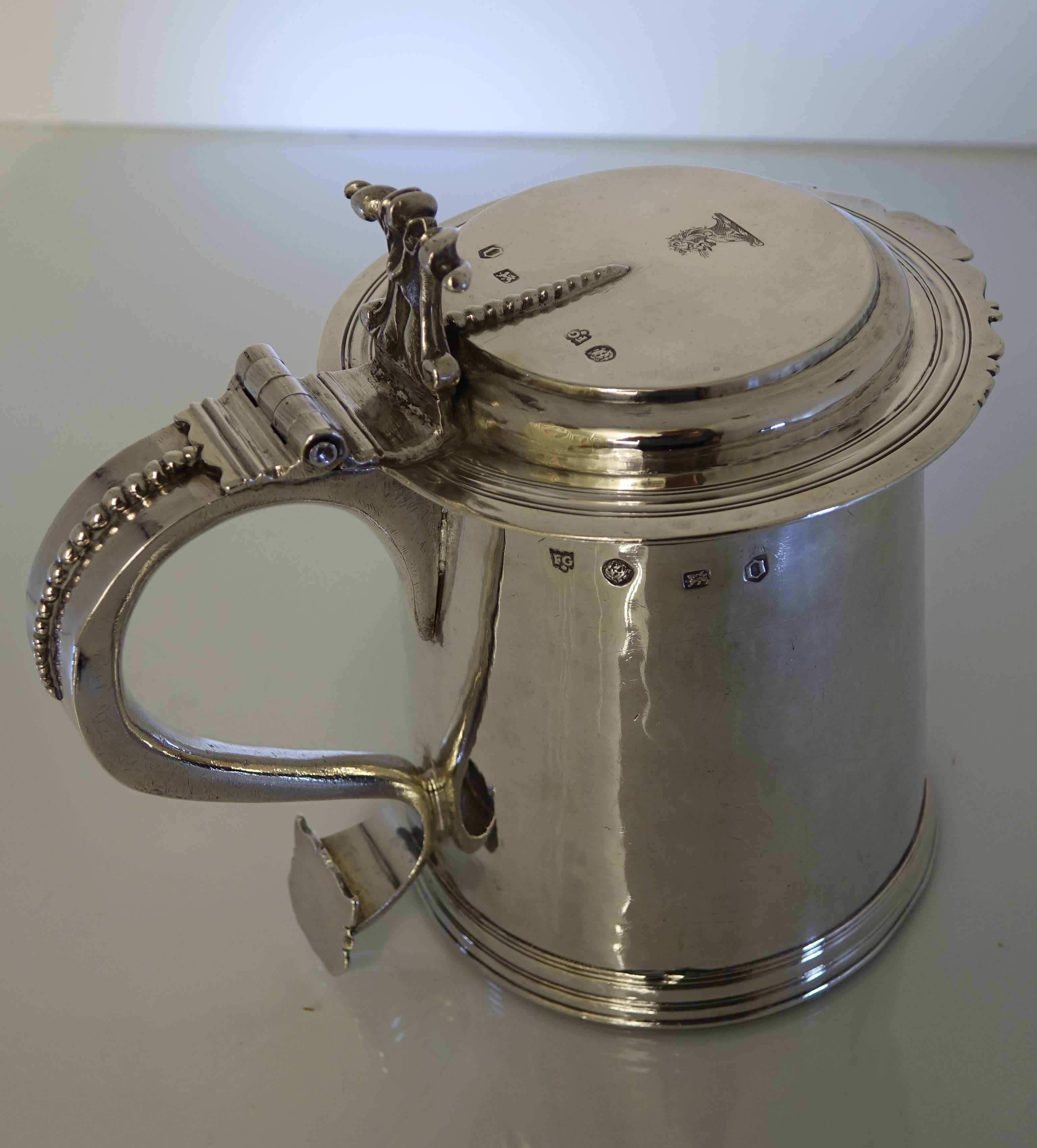 British Large Antique 17th Century Silver Tankard London, 1691, Francis Garthorne For Sale