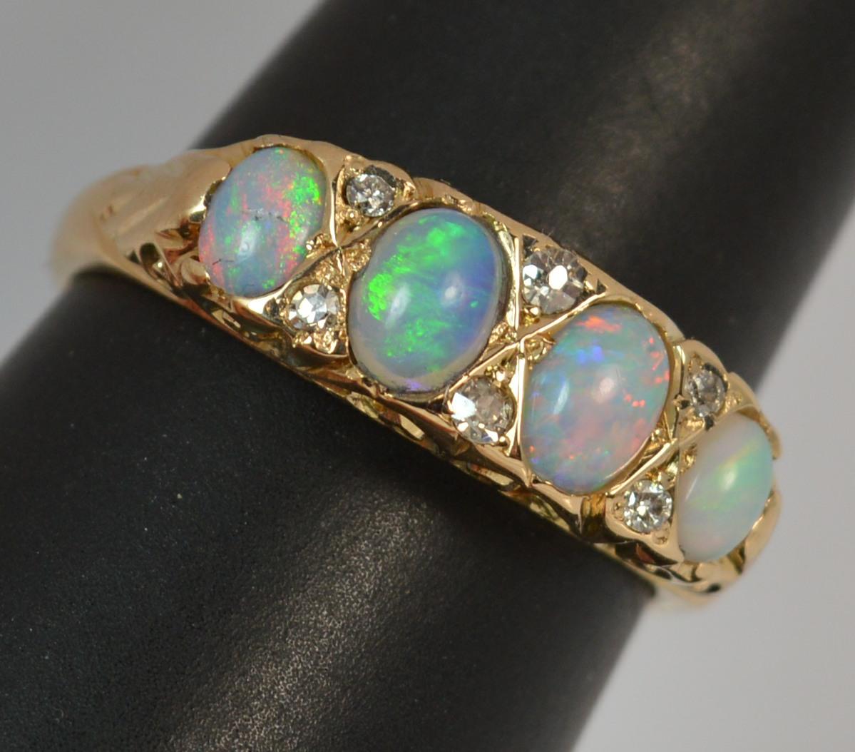 Large Antique 18 Carat Gold Opal and Diamond Stack Band Ring 4