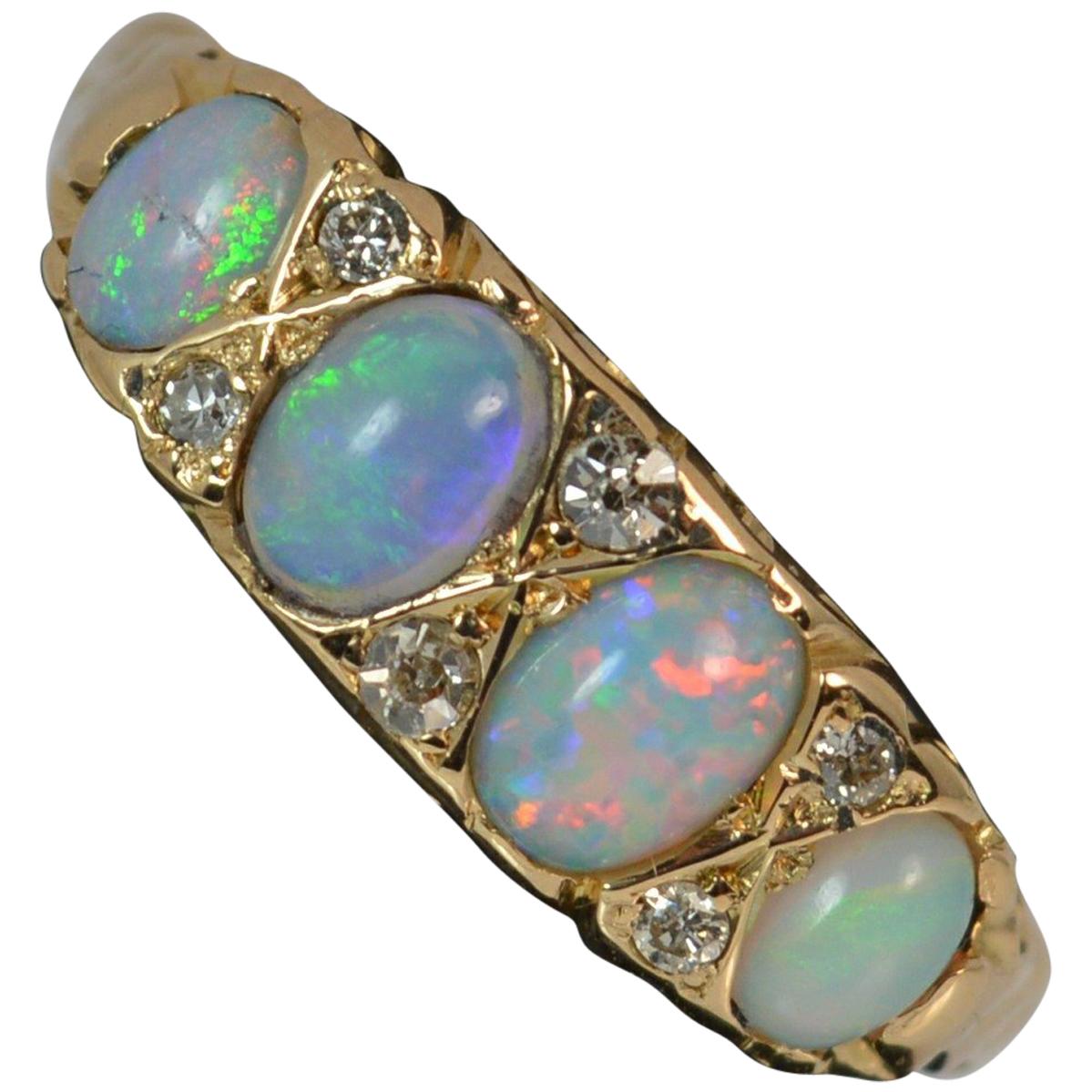 Large Antique 18 Carat Gold Opal and Diamond Stack Band Ring