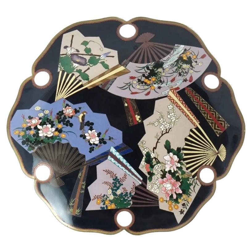 Large Antique 18 inch Japanese Cloisonne Enamel Charger with Fans For Sale