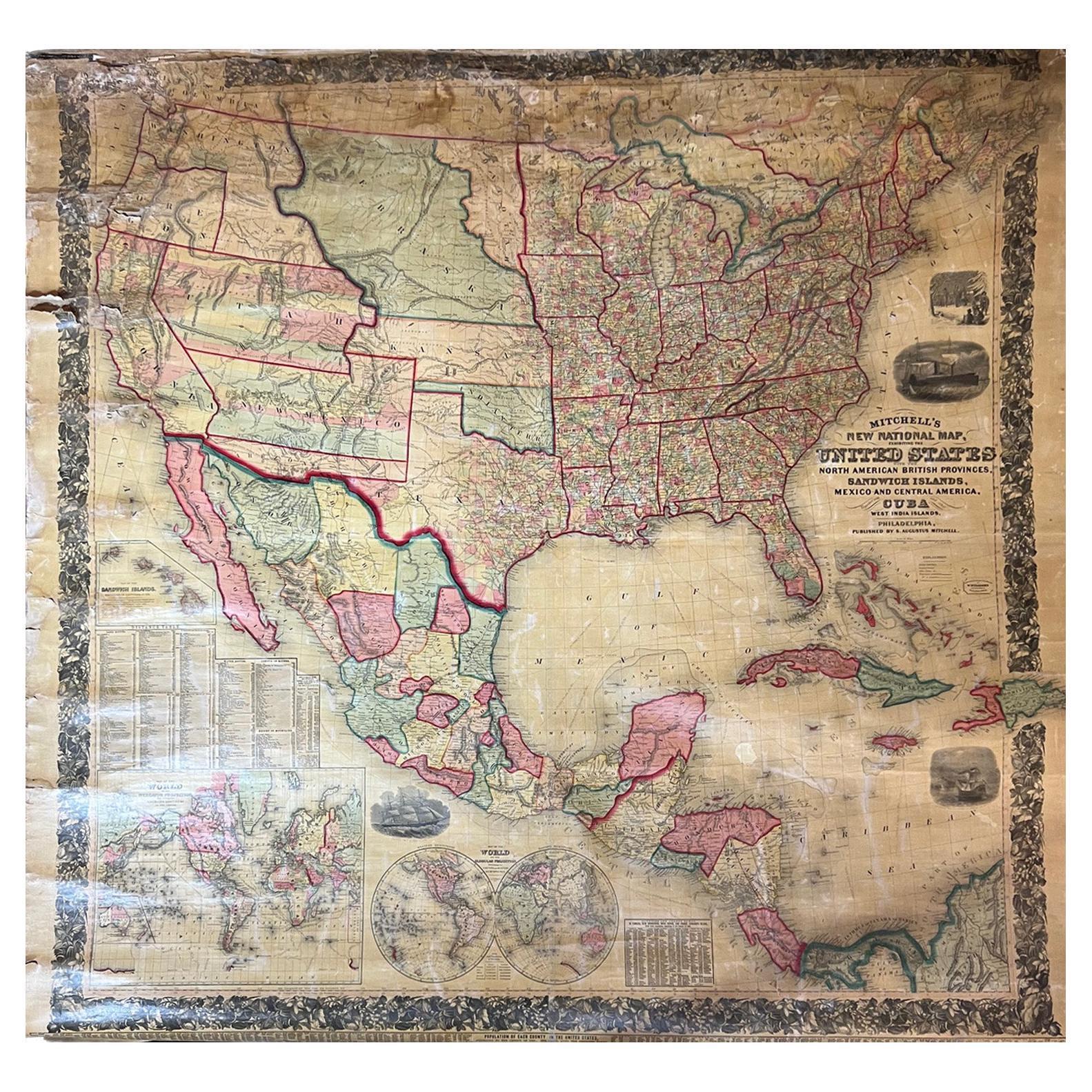 Large Antique 1859 Map of North America For Sale