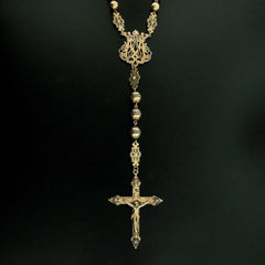Large Antique 18K Gold Seed Pearl Etched Bead Enamel Rosary Cross Chain Necklace