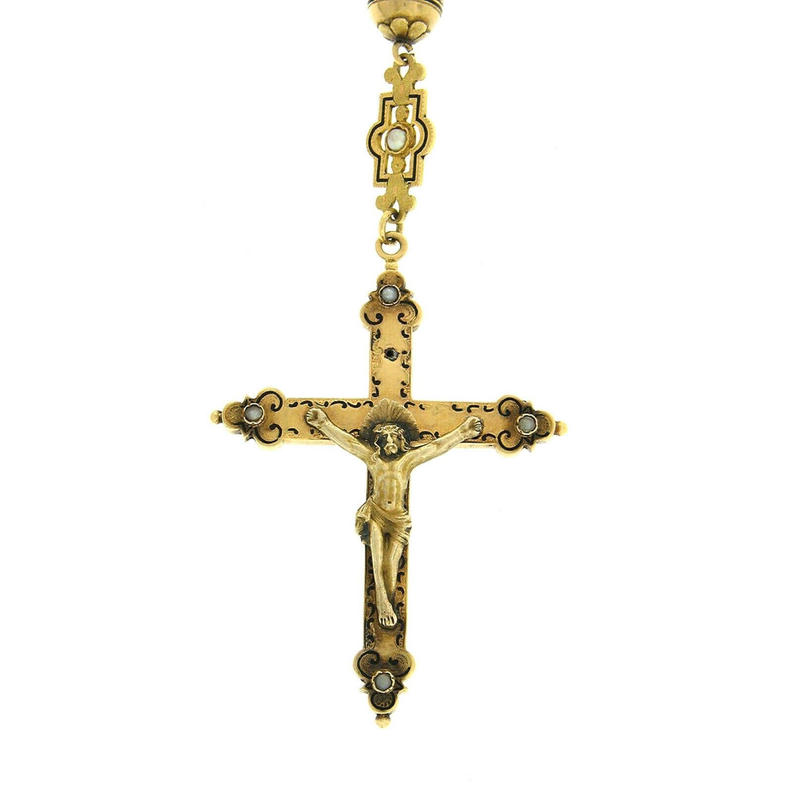 Victorian Large Antique 18K Gold Seed Pearl Etched Bead Enamel Rosary Cross Chain Necklace