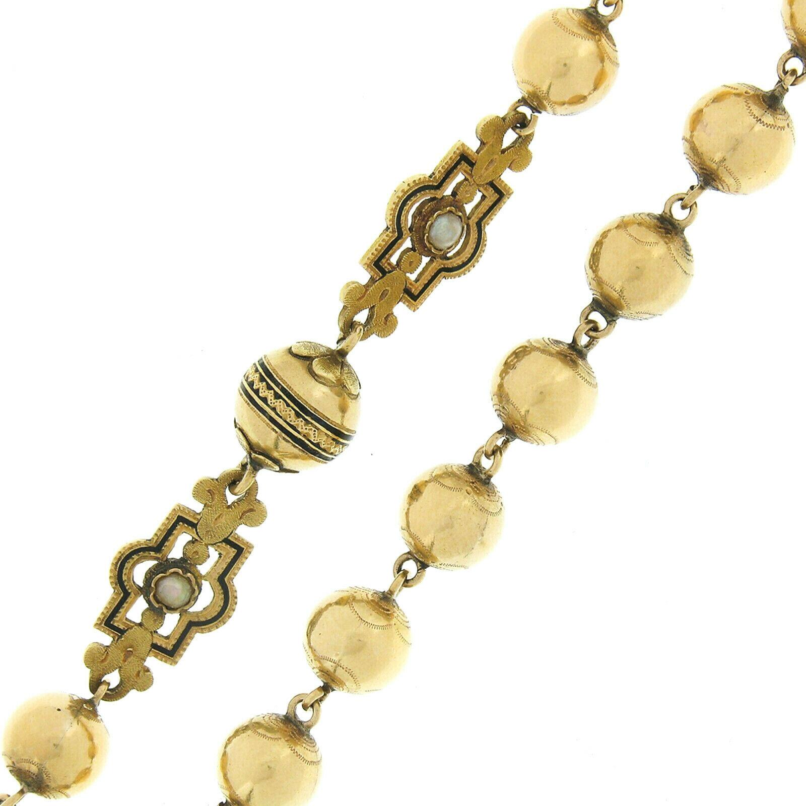 Women's or Men's Large Antique 18K Gold Seed Pearl Etched Bead Enamel Rosary Cross Chain Necklace