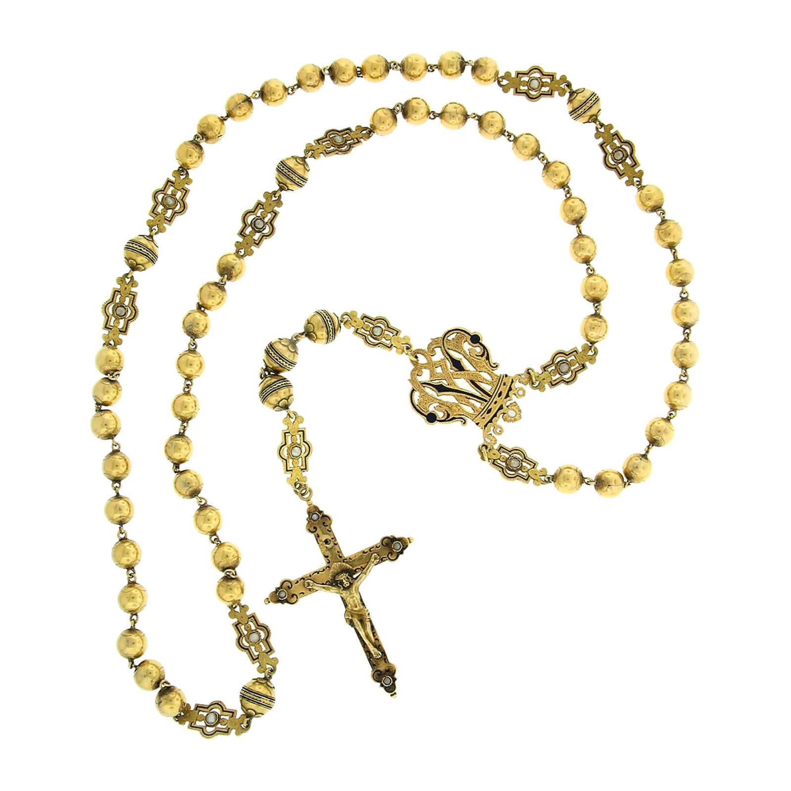Large Antique 18K Gold Seed Pearl Etched Bead Enamel Rosary Cross Chain Necklace