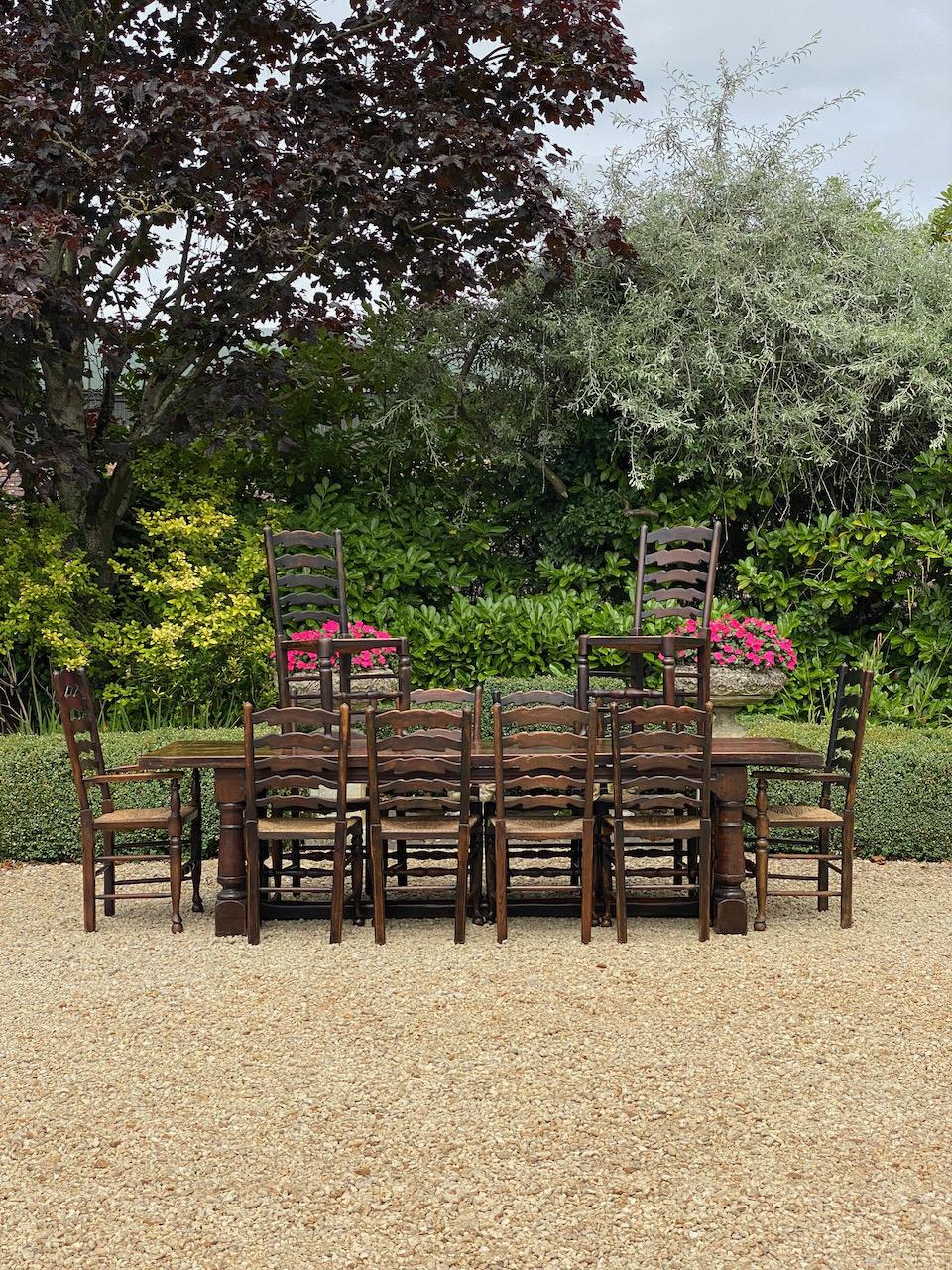 Large Antique 18th Century Design Oak Refectory Dining Table & Twelve Chairs 6