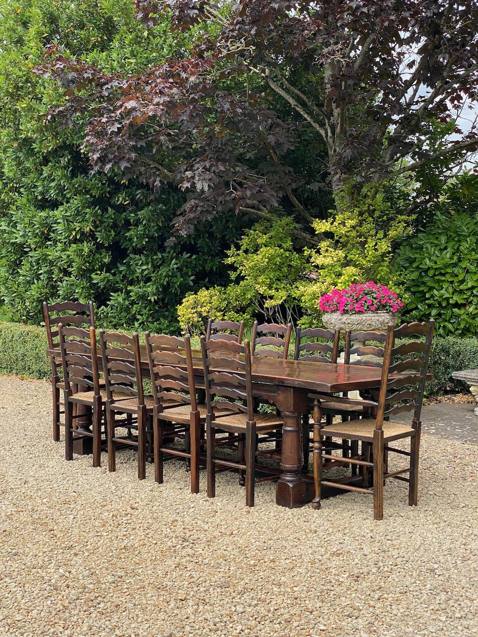 20th Century Large Antique 18th Century Design Oak Refectory Dining Table & Twelve Chairs