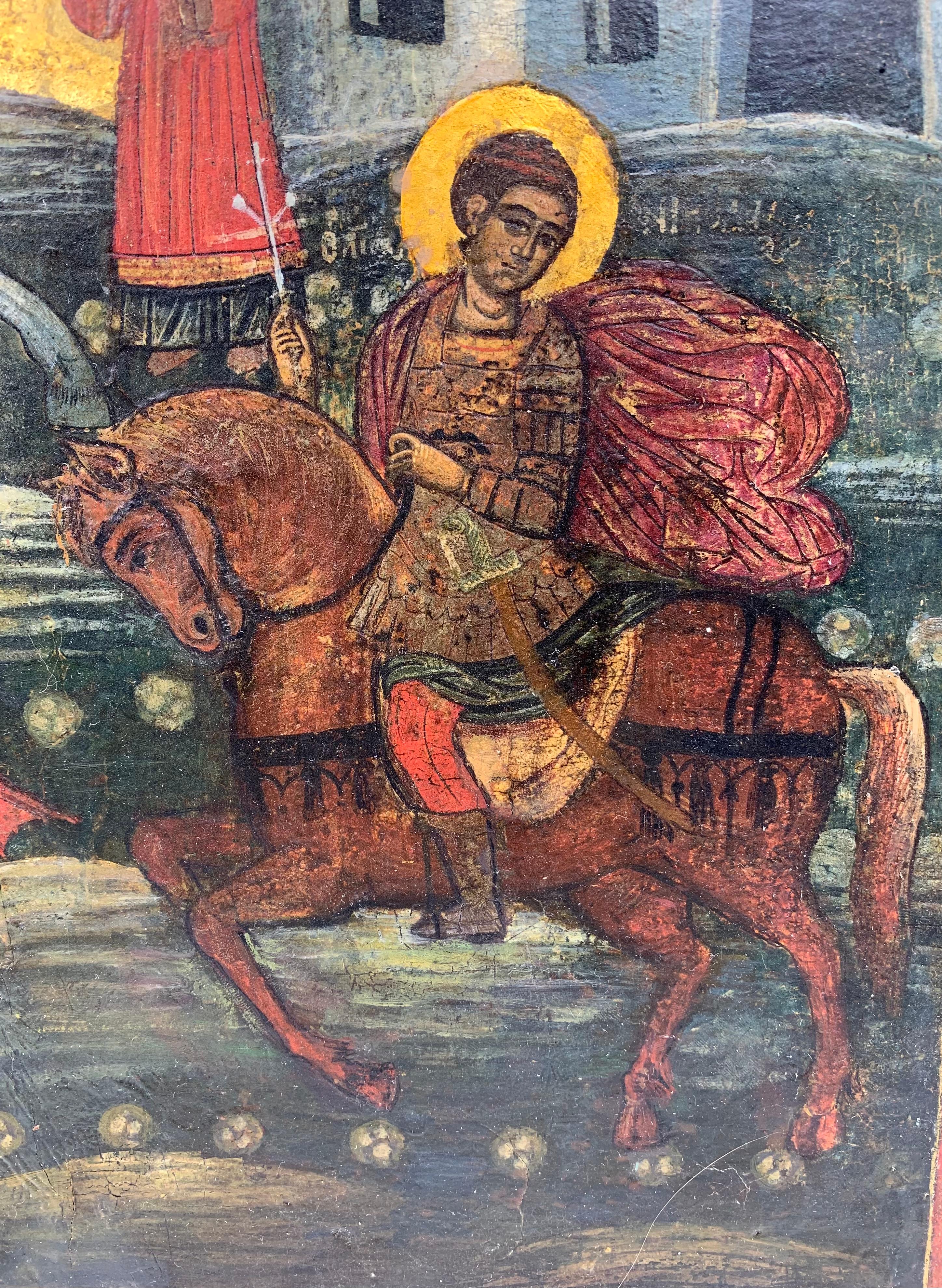 Große antike griechische Ikone des Saint George und des Drachens aus dem 18. im Angebot 1