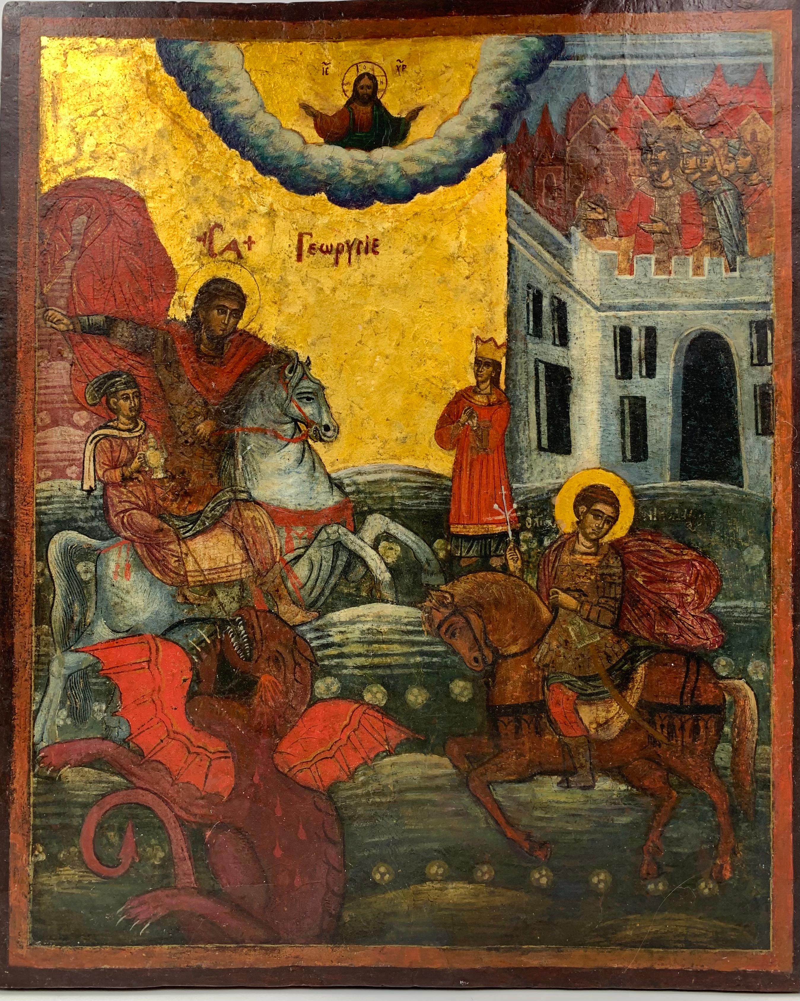Große antike griechische Ikone des Saint George und des Drachens aus dem 18. 4