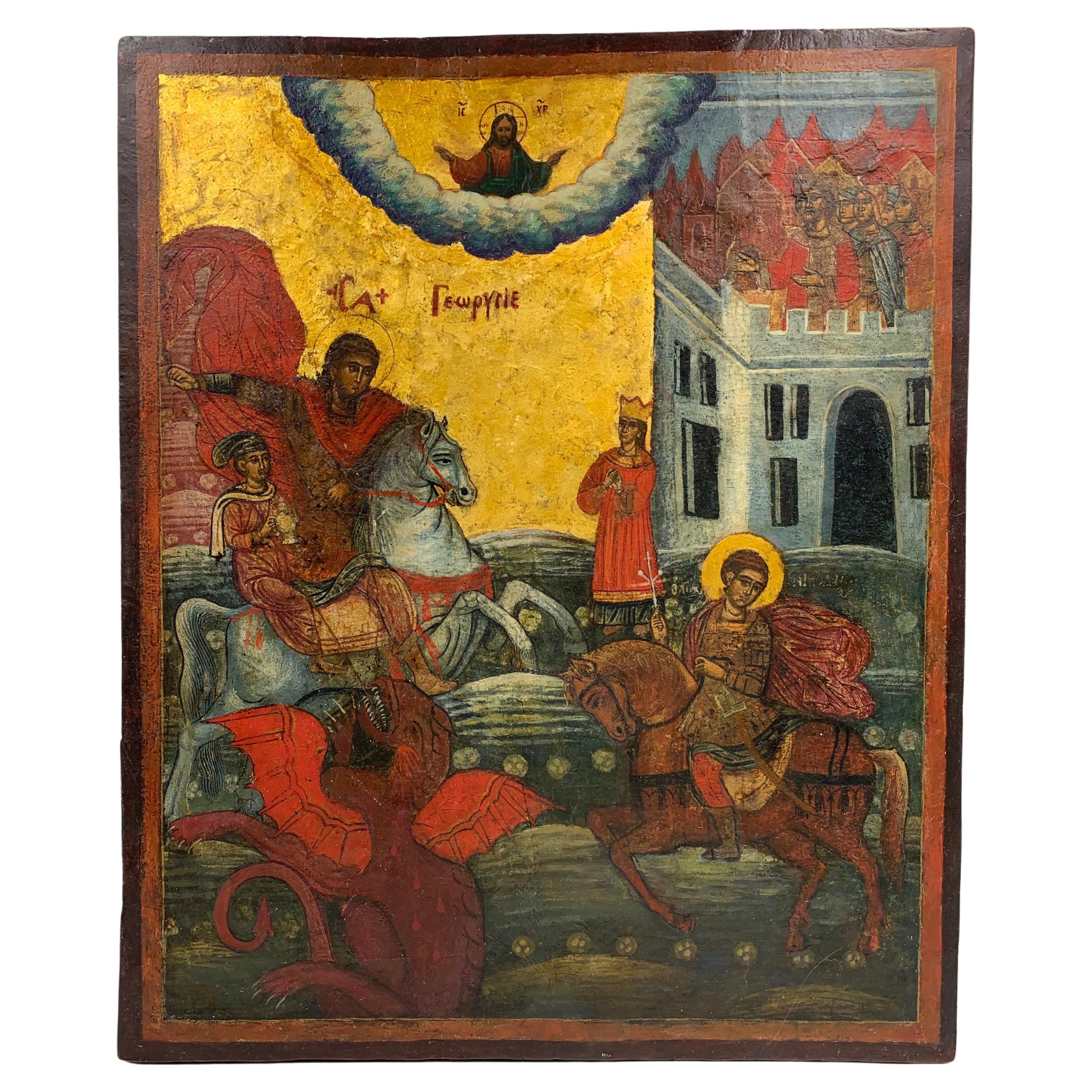 Large Antique 18th Century Greek Icon of Saint George and the Dragon For Sale