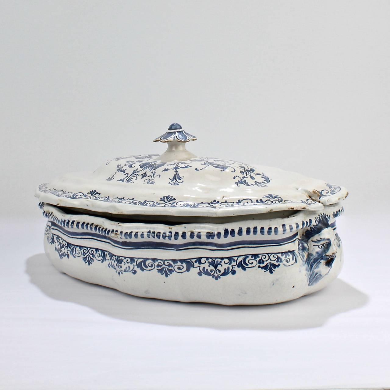 Baroque Large Antique 18th Century Moustiers Style French Faience Soup Tureen For Sale