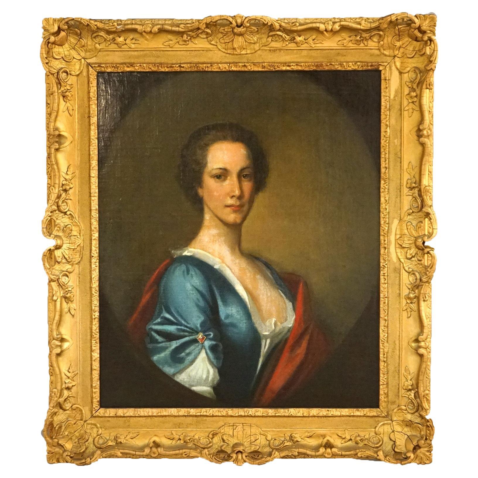 Large Antique 18thC Portrait Painting by Thomas Beach in Giltwood Frame
