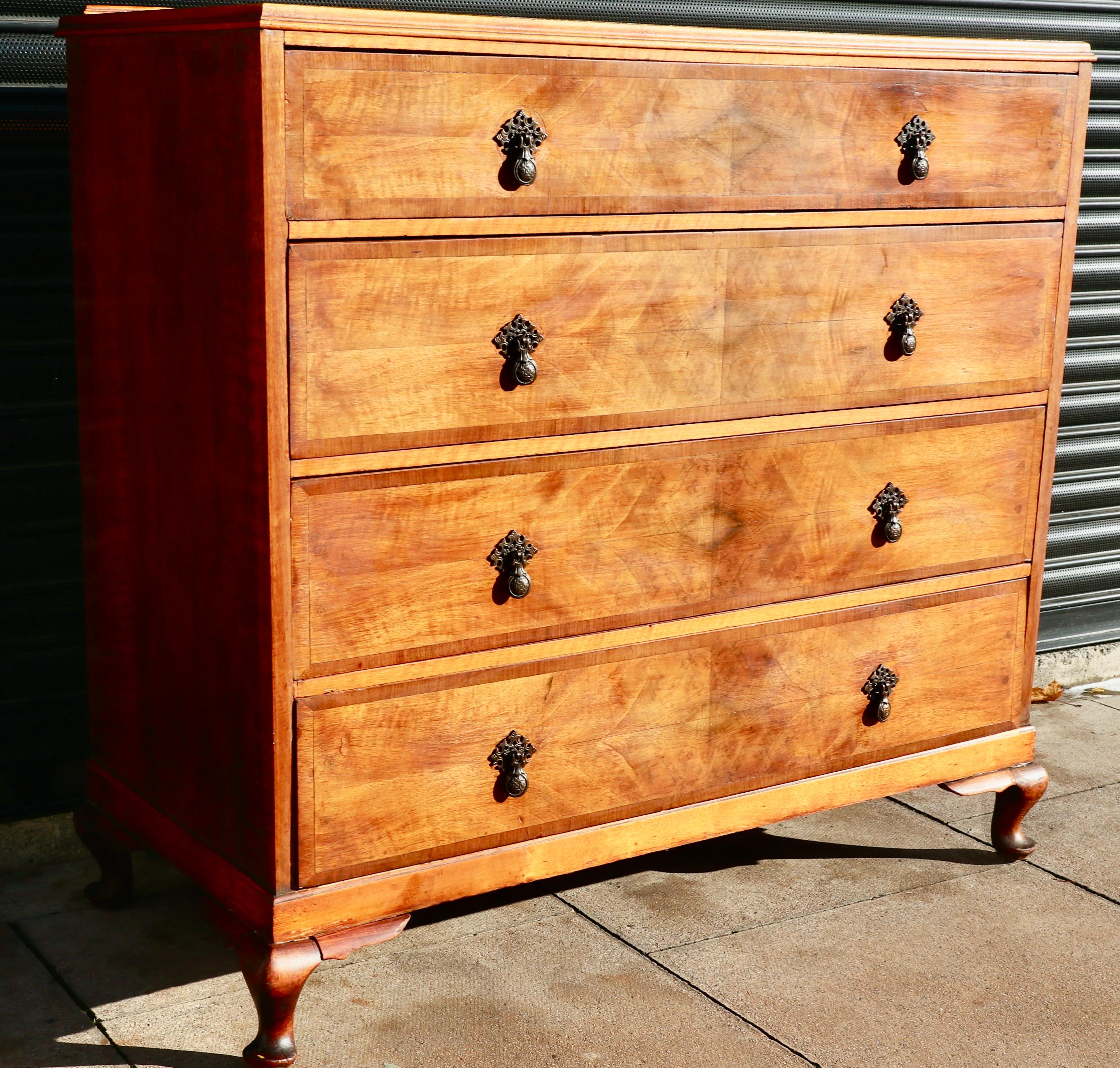 Large antique 1920s burr Walnut Chest Of four Drawers For Sale 10