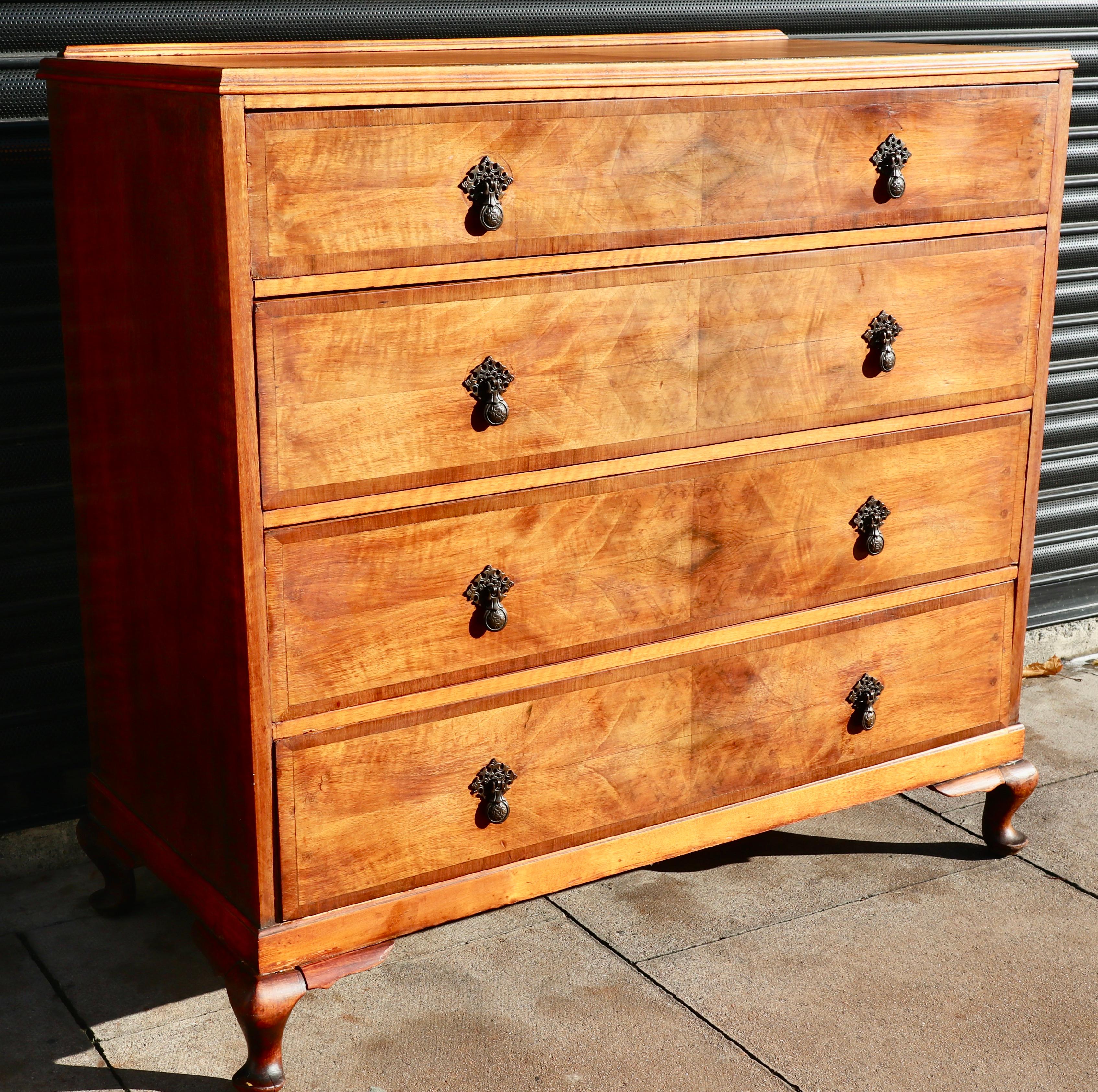 Georgian Large antique 1920s burr Walnut Chest Of four Drawers For Sale