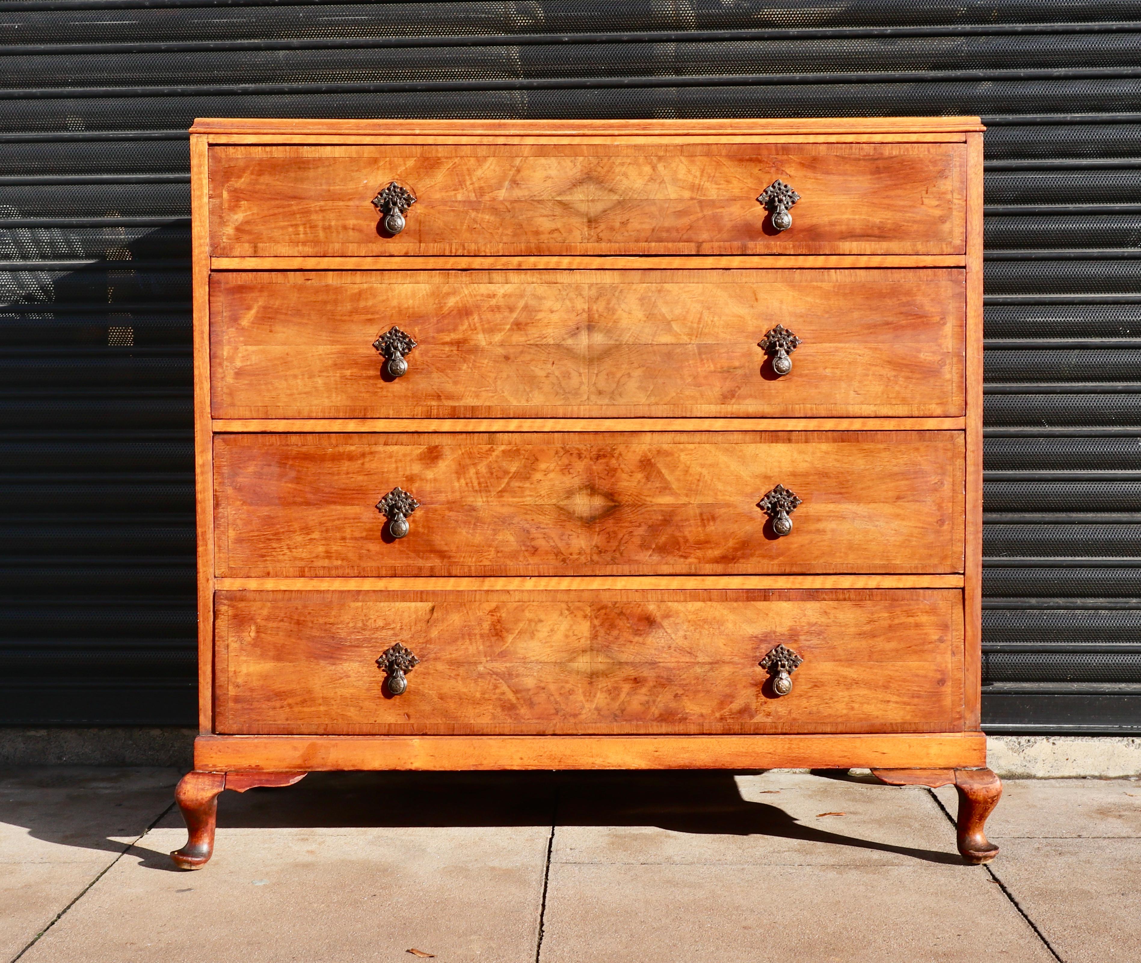 Large antique 1920s burr Walnut Chest Of four Drawers For Sale 2