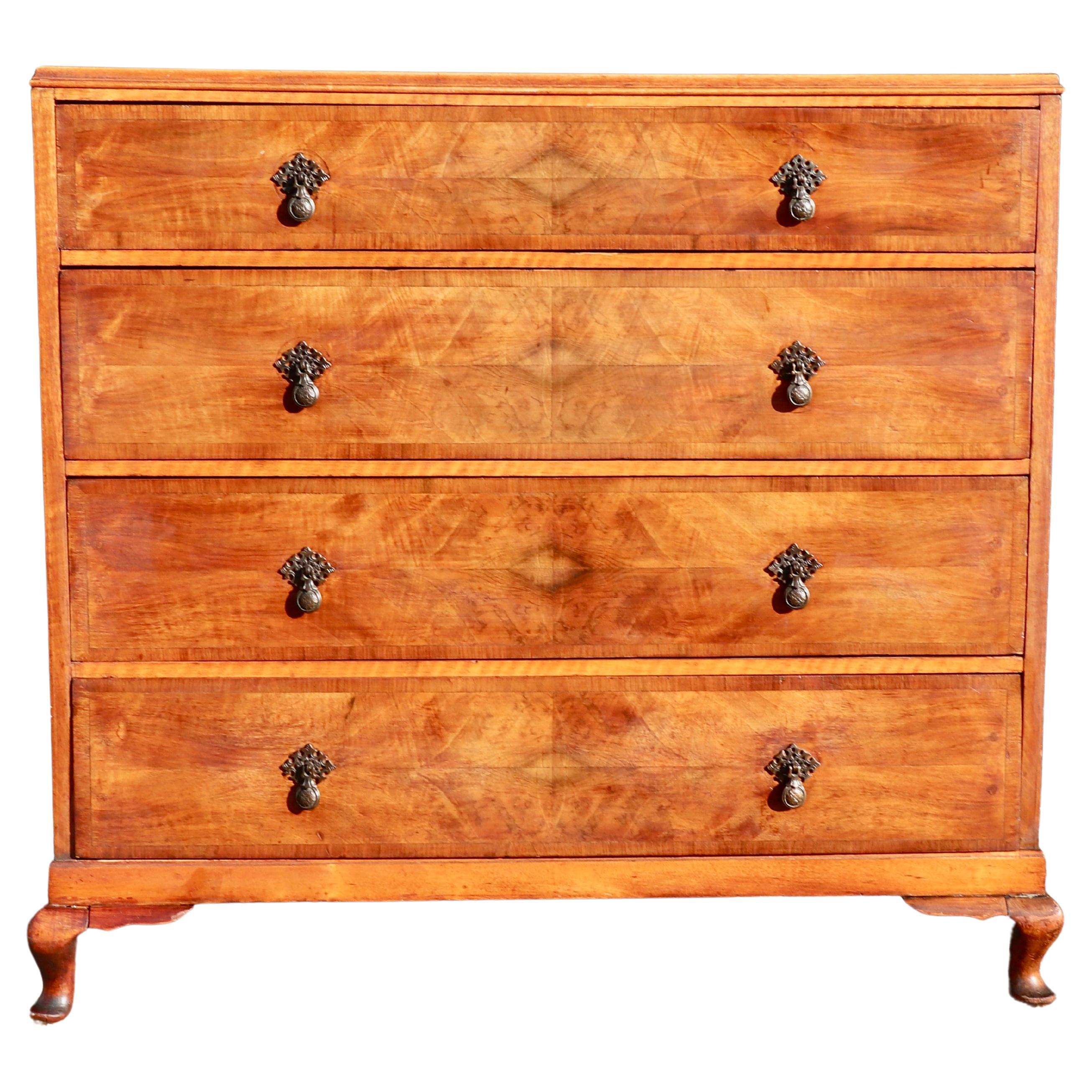 Large antique 1920s burr Walnut Chest Of four Drawers