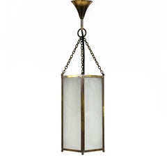 Large Antique 1920s Hexagonal Brass & Frosted Glass Lantern Hall Pendant Light