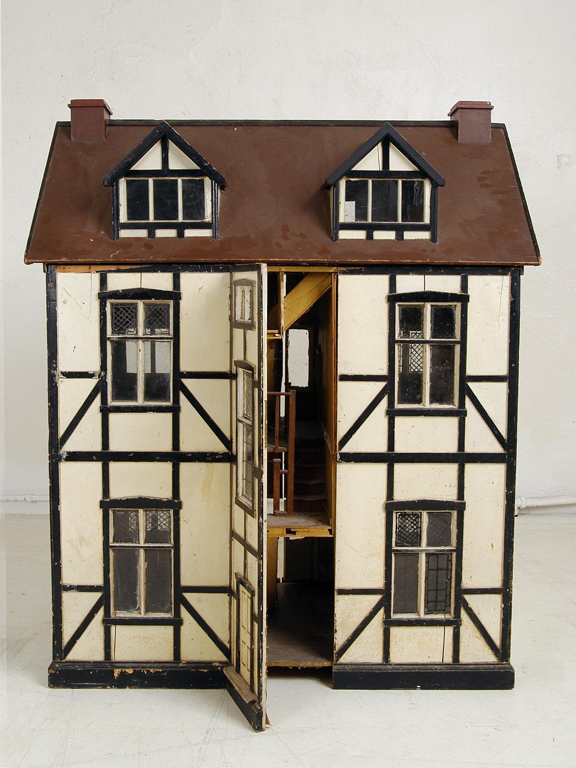 British Large Antique Scratch-Built Model English Tudor Mansion Wooden Doll’s House