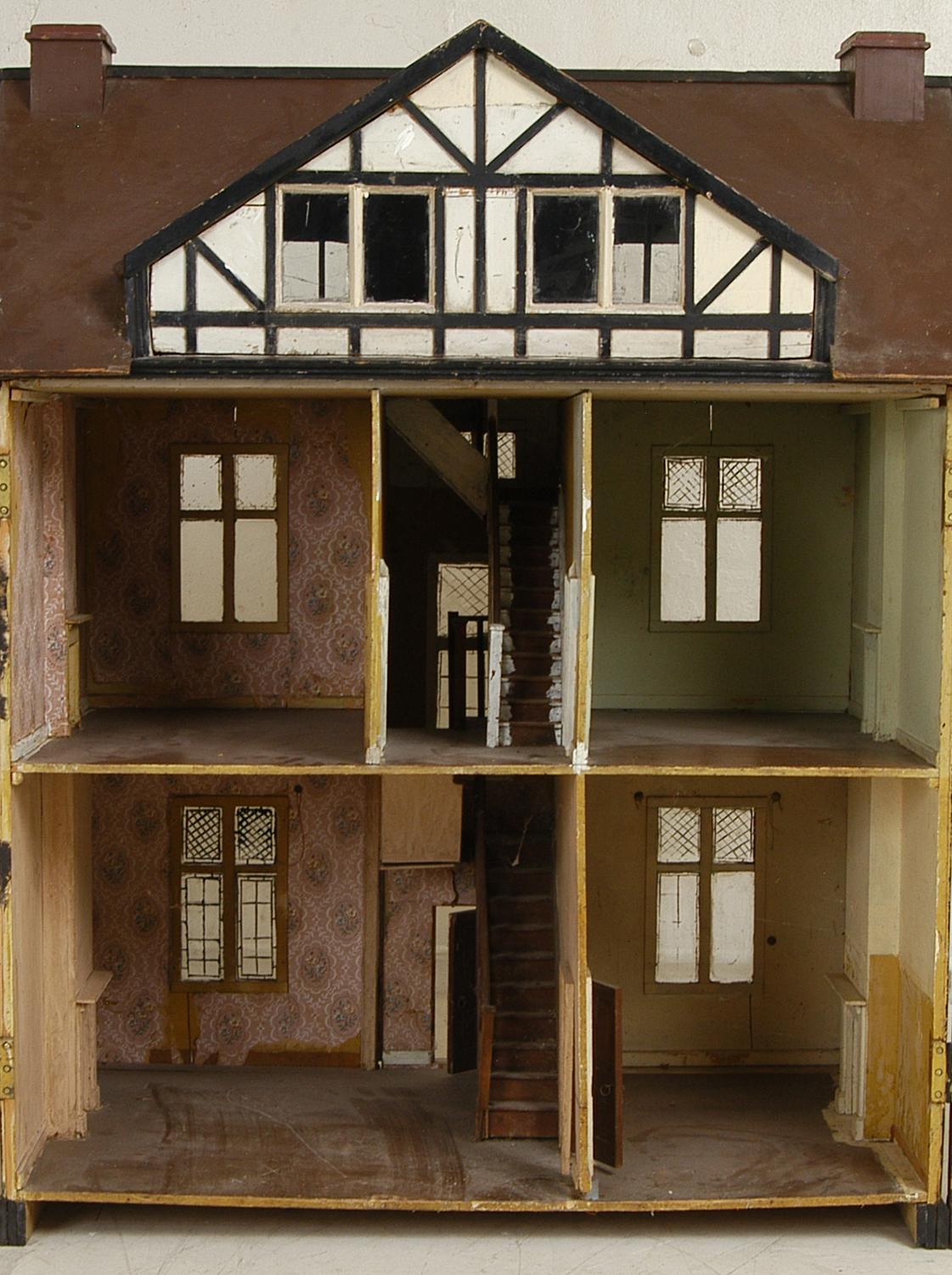Glass Large Antique Scratch-Built Model English Tudor Mansion Wooden Doll’s House