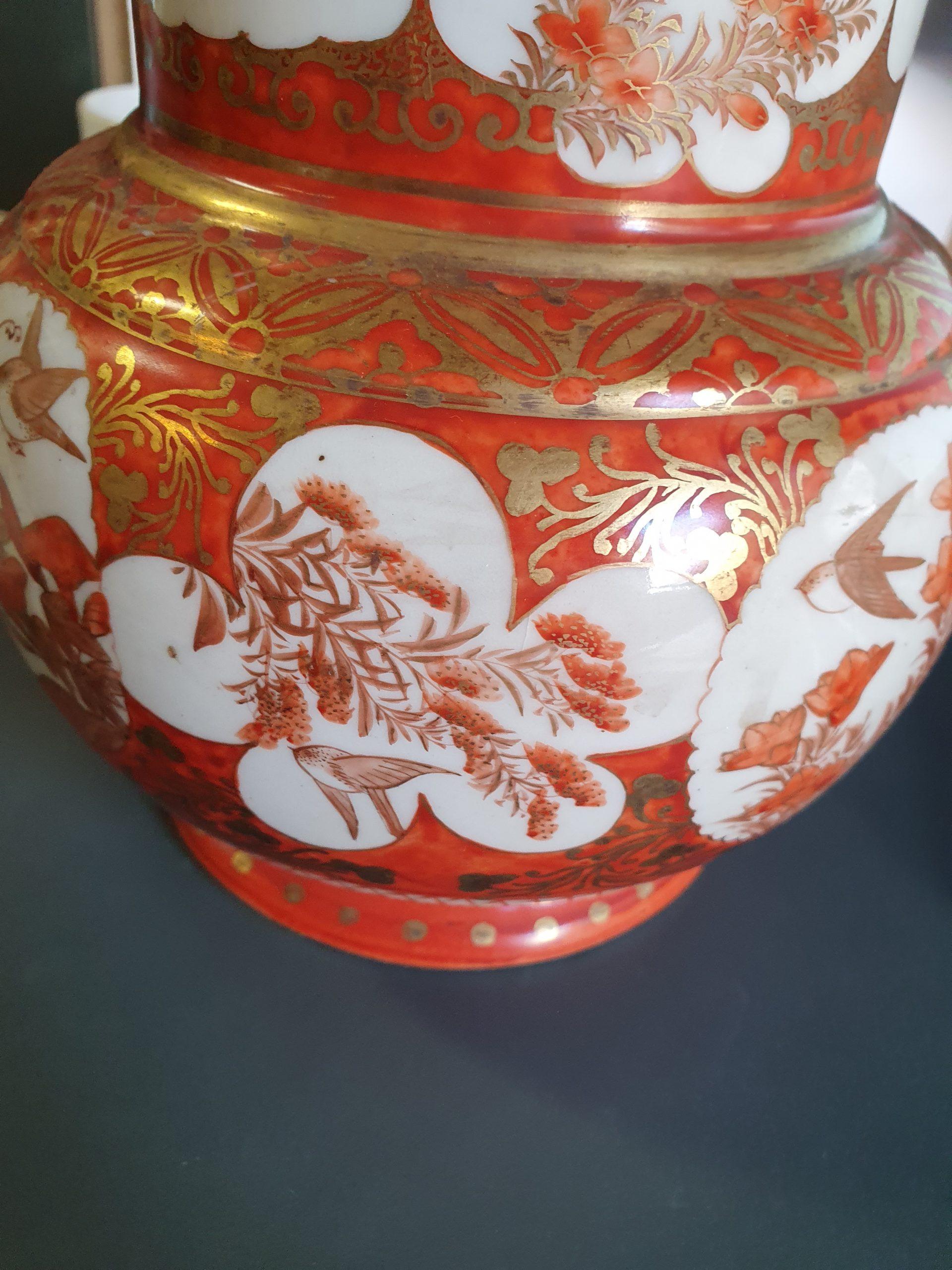 Large Antique 19C Japanese Kutani Vase Marked on Base Birds Swallows Gar For Sale 9