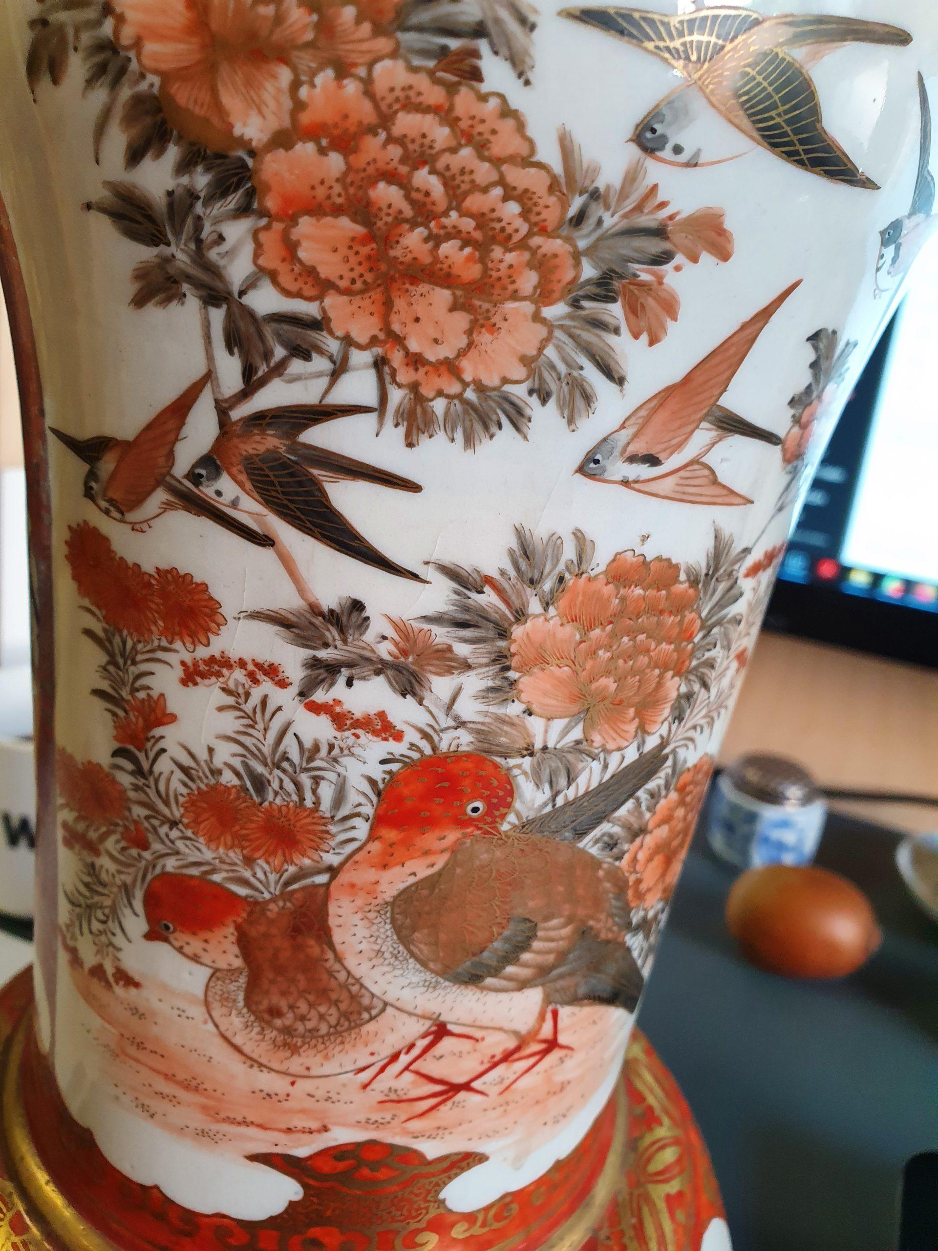 Large Antique 19C Japanese Kutani Vase Marked on Base Birds Swallows Gar For Sale 10