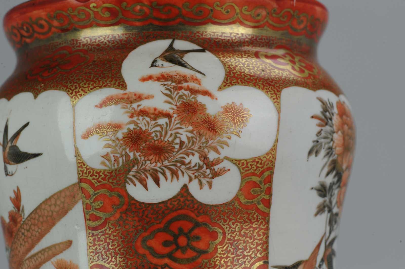 Porcelain Large Antique 19C Japanese Kutani Vase Marked on Base Birds Swallows Gar For Sale