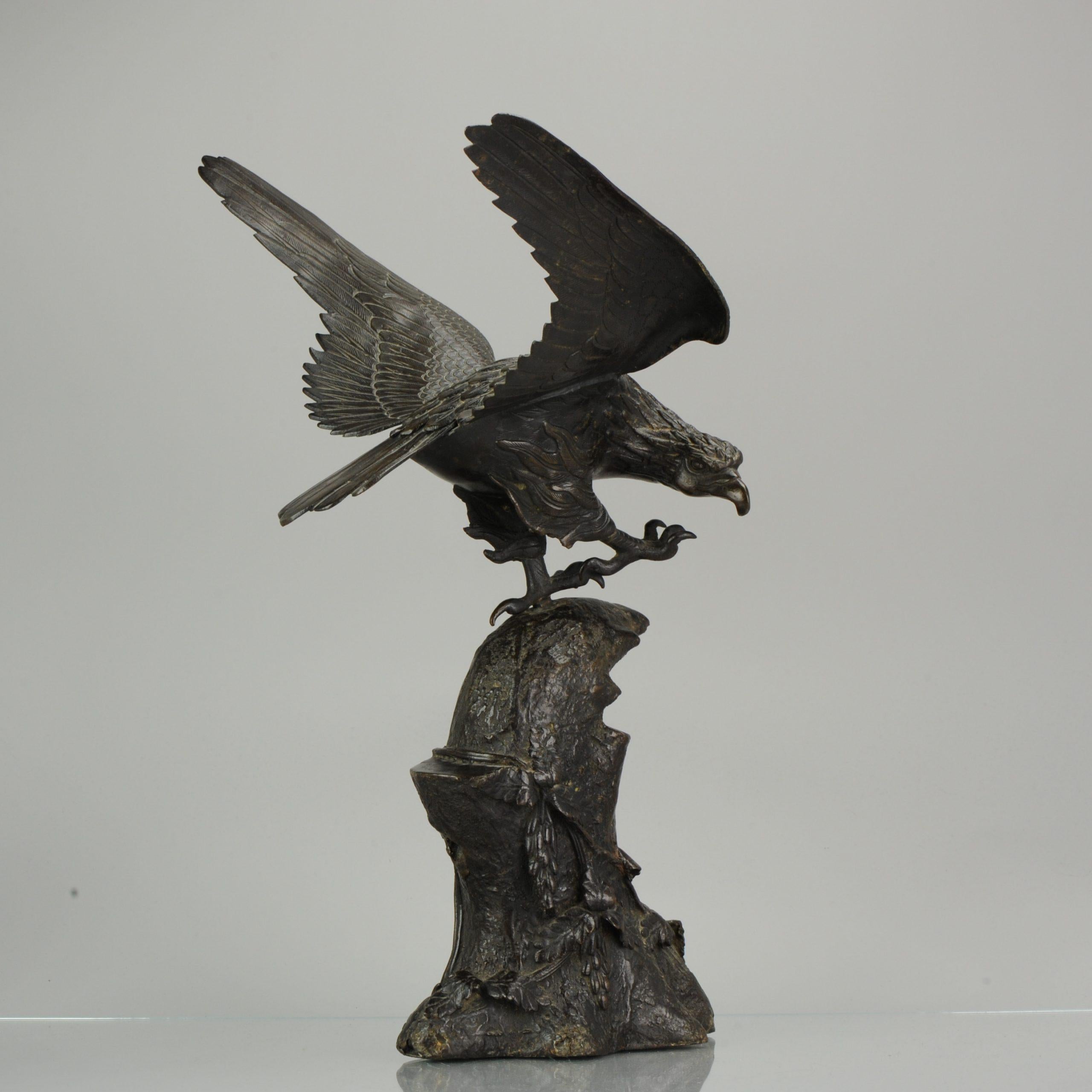 Large Antique 19th Century Statue Bronze Japan Meiji Period Eagle on Rock 2