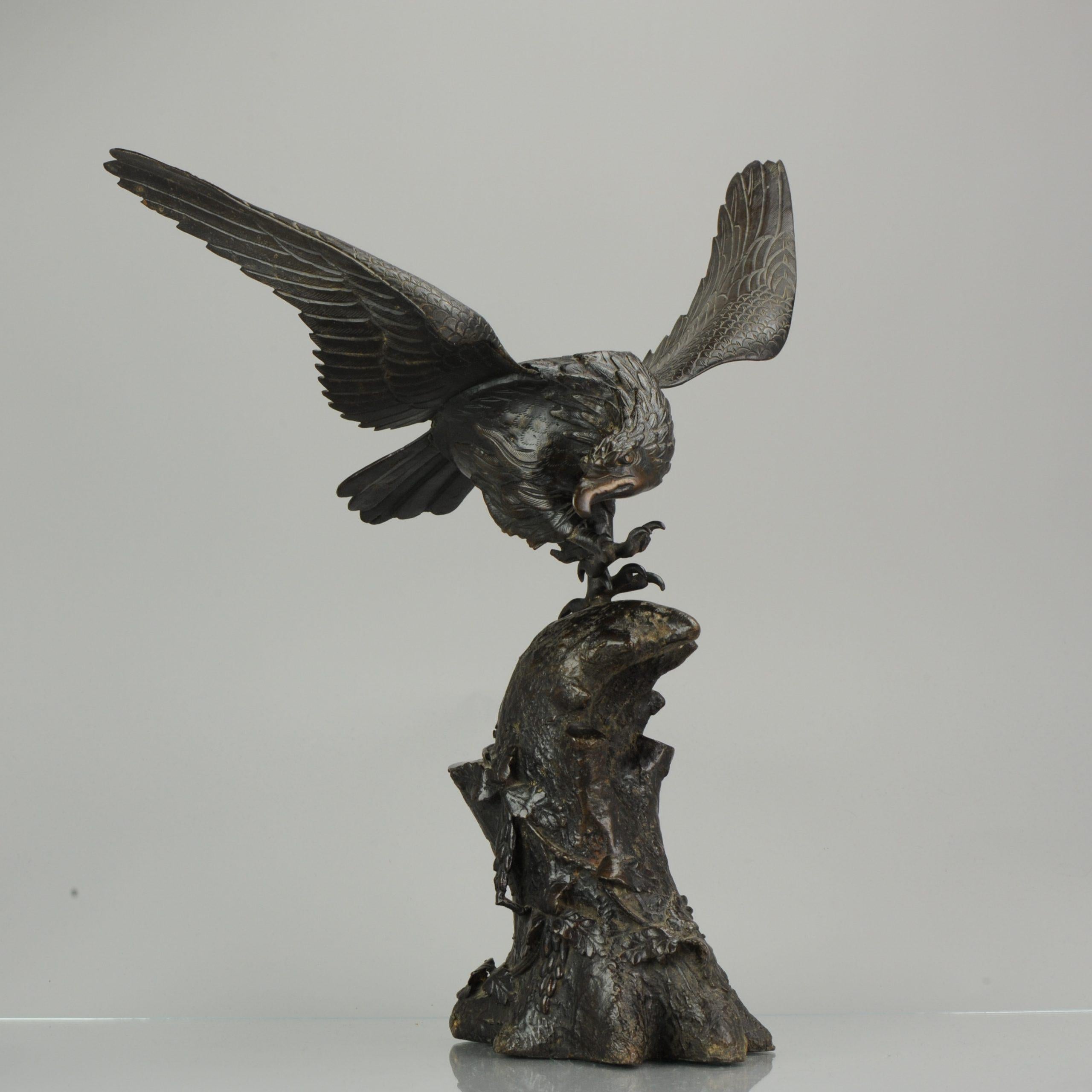 Large Antique 19th Century Statue Bronze Japan Meiji Period Eagle on Rock 3