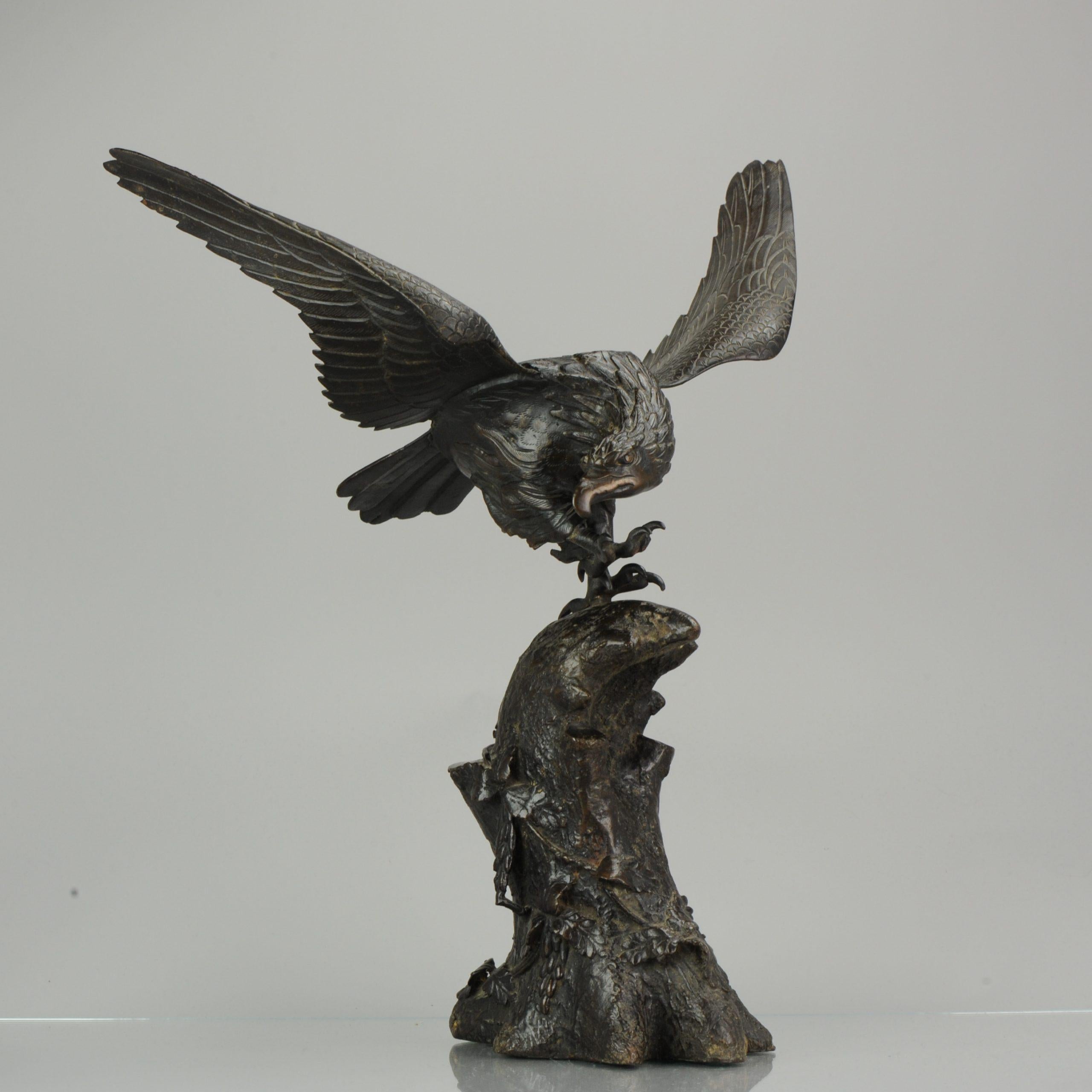 Large Antique 19th Century Statue Bronze Japan Meiji Period Eagle on Rock 4