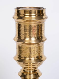 Large Antique 19th Century Anglo- Indian Etched Brass Candlestick Table Lamp