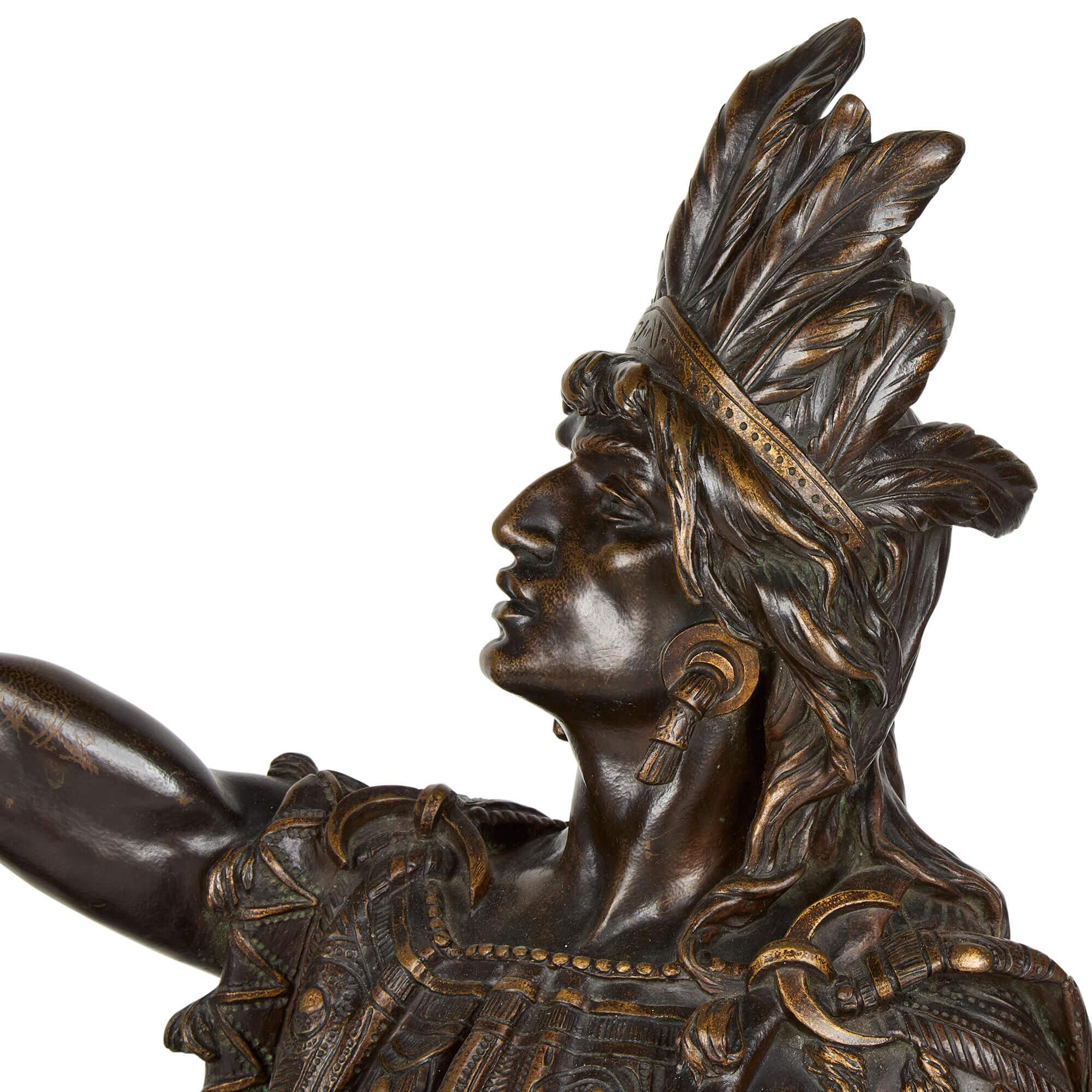 Large Antique 19th Century Bronze Native American Warrior Sculpture Henri Plé
French, 1885
Height 111 cm, width 54 cm, depth 30 cm

This dramatic bronze by Henri-Honoré Plé captures a moment of triumph and intensity, depicting a Native American