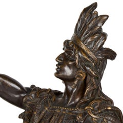 Grande sculpture de guerrier amérindien en bronze du 19ème siècle Henri Plé