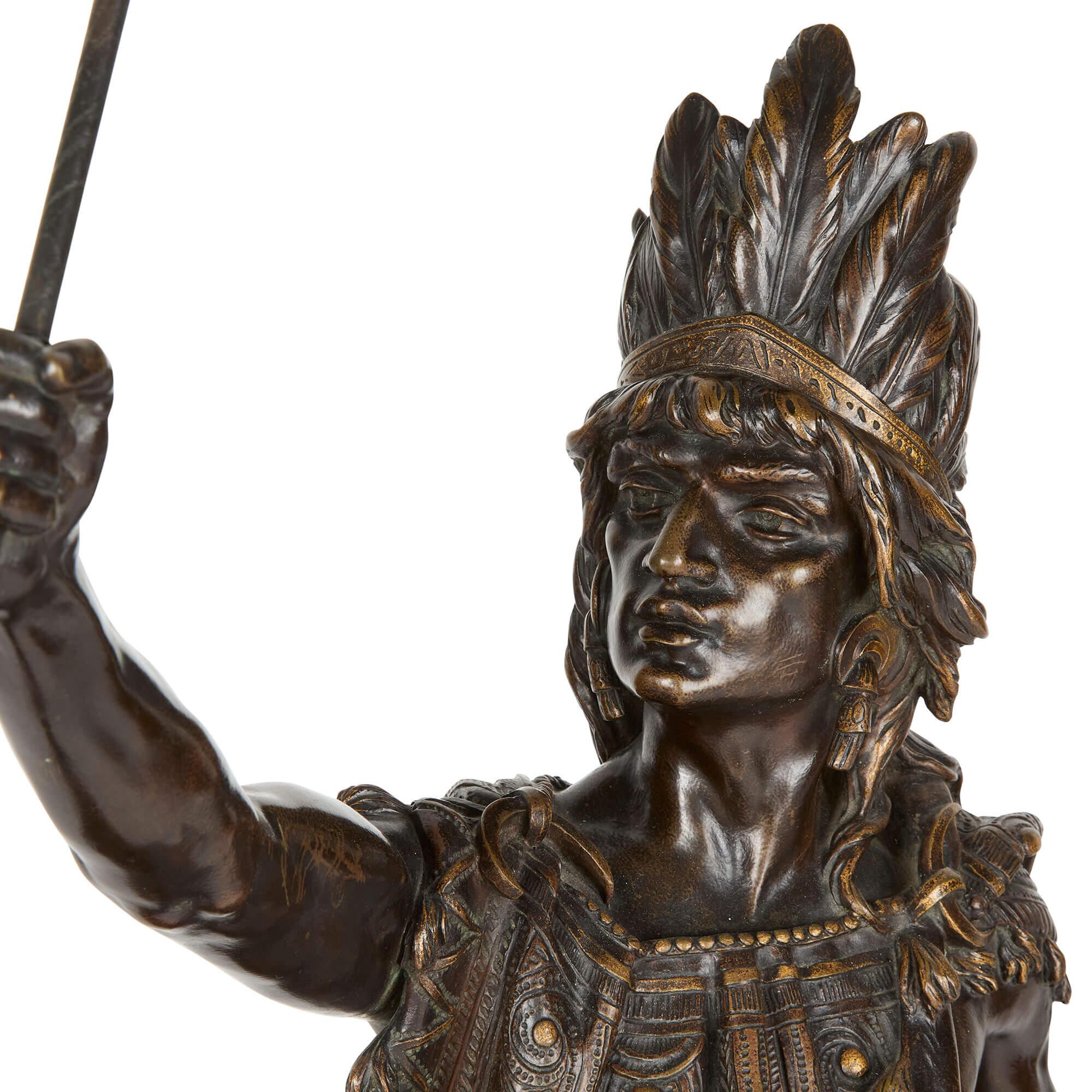 Romantic Large Antique 19th Century Bronze Native American Warrior Sculpture Henri Plé For Sale
