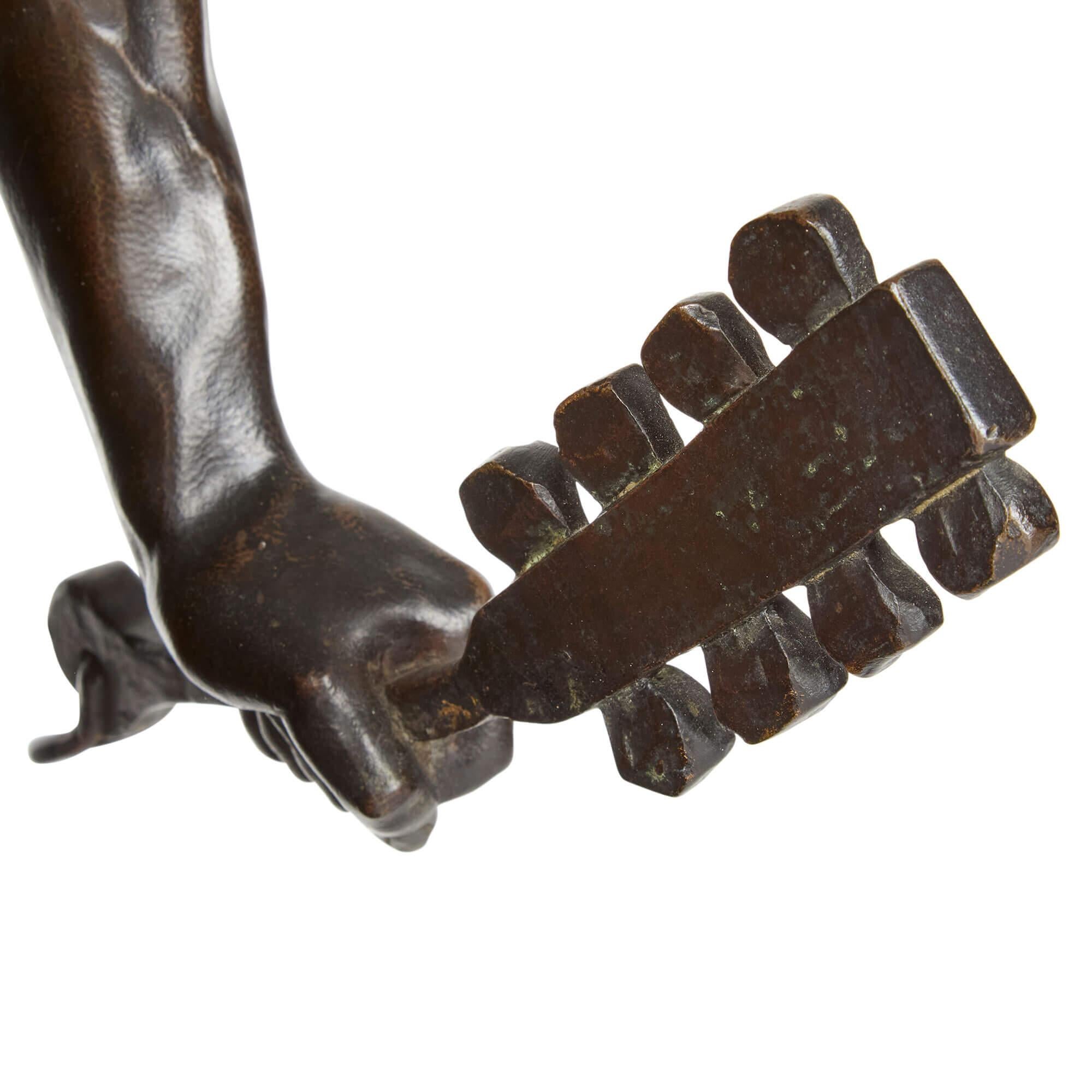 Cast Large Antique 19th Century Bronze Native American Warrior Sculpture Henri Plé For Sale