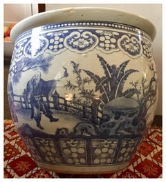 Large Antique 19th century Chinese Blue and White Porcelain Fish Bowl Planter