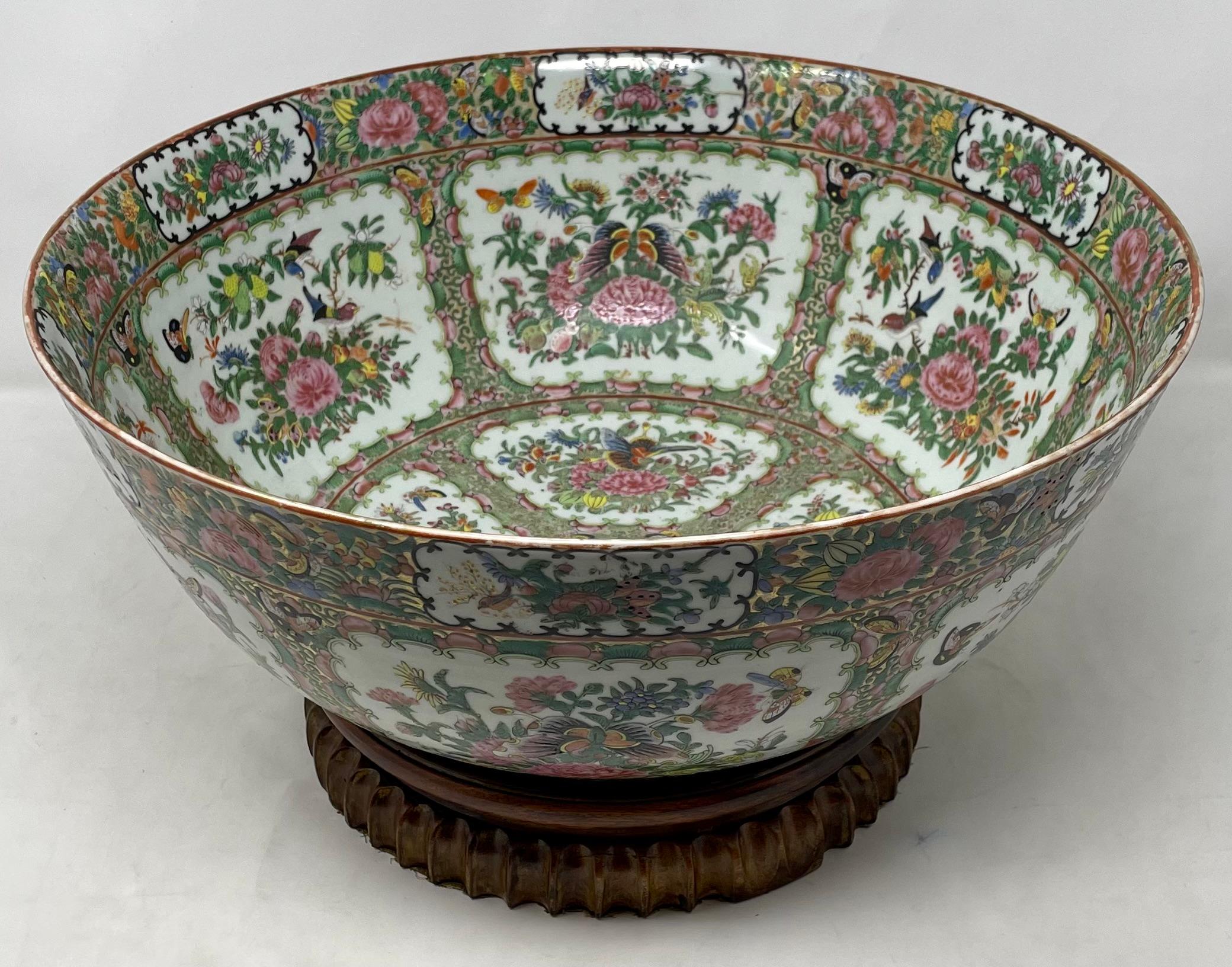 Large antique 19th century Chinese Rose Canton porcelain bowl on original stand.