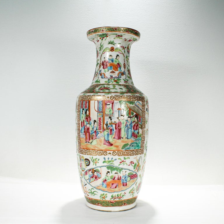 Chinese Export Large Antique 19th Century Chinese Rose Mandarin Porcelain Vase For Sale