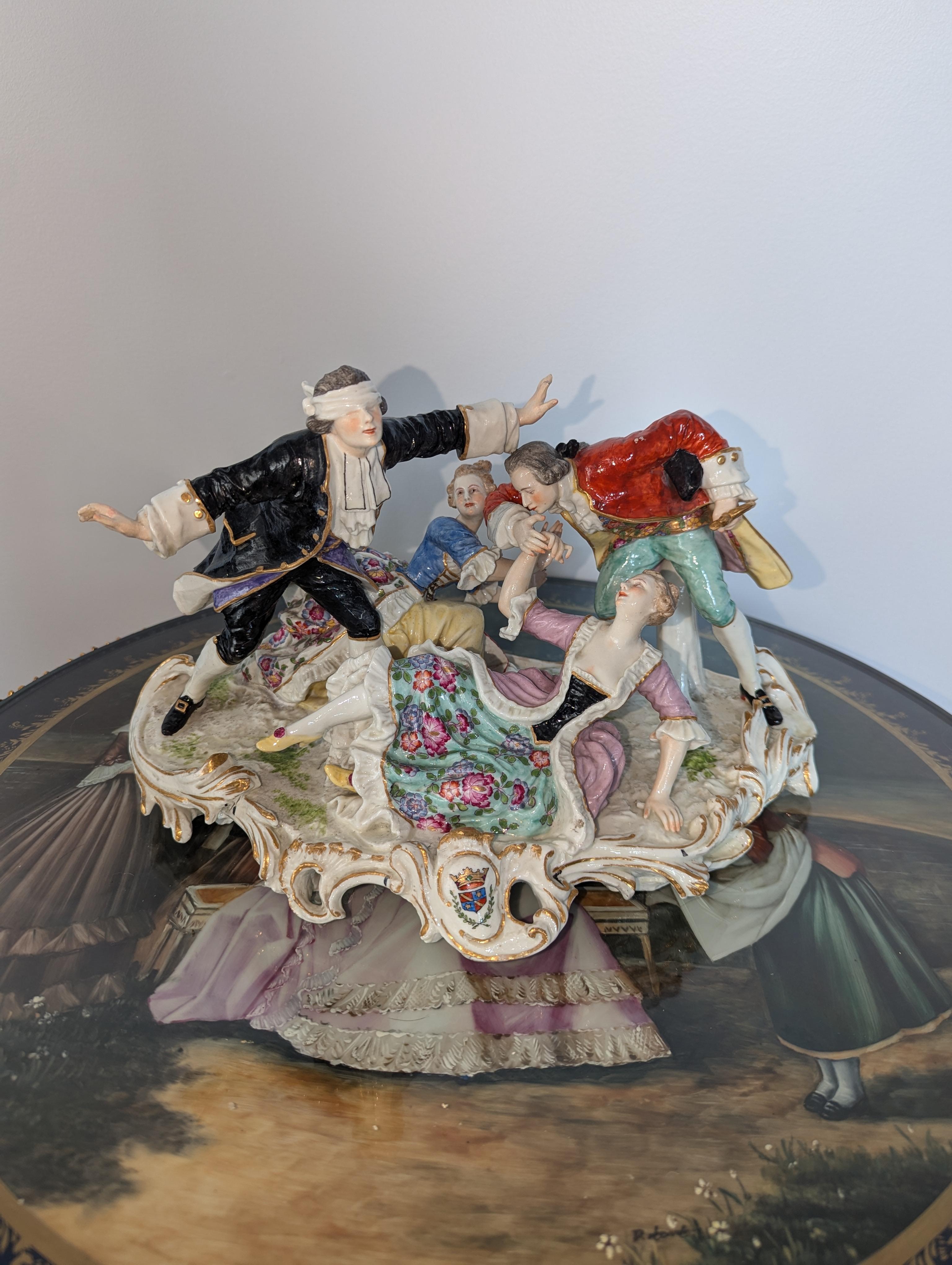 Rococo Large Antique 19th Century Edme Samson Blindmans Bluff  French Figurine