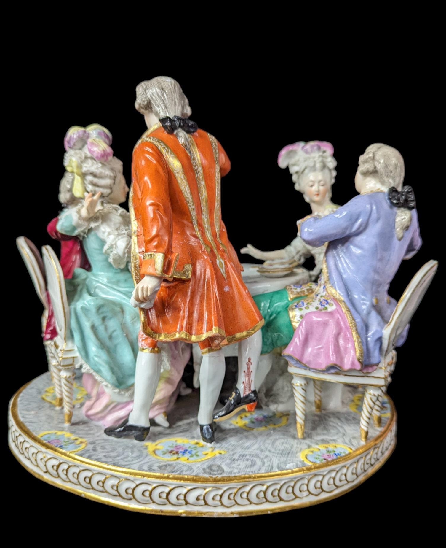 French Large Antique 19th Century Edme Samson Porcelain Drinking Party Figurine Scene