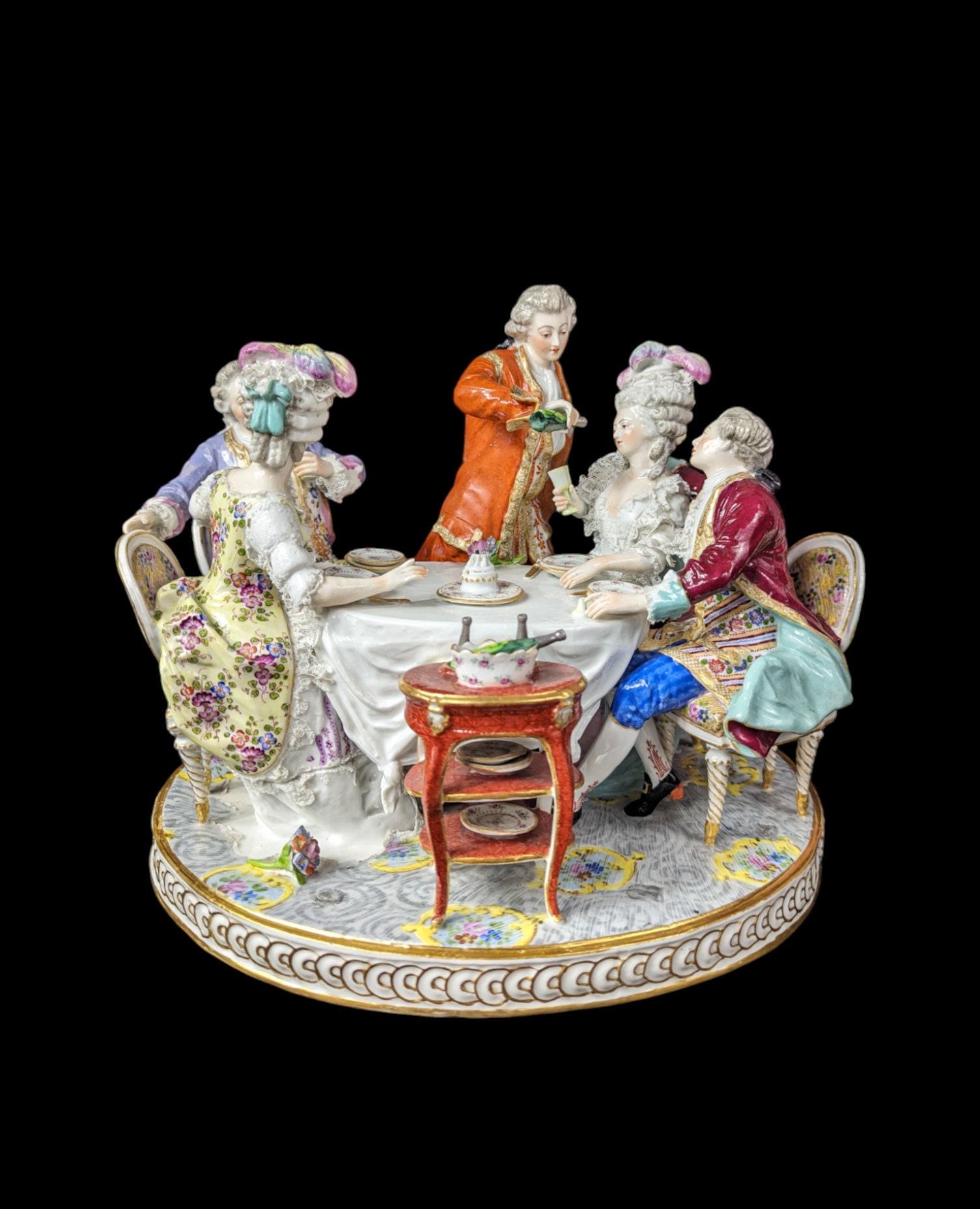 Gilt Large Antique 19th Century Edme Samson Porcelain Drinking Party Figurine Scene