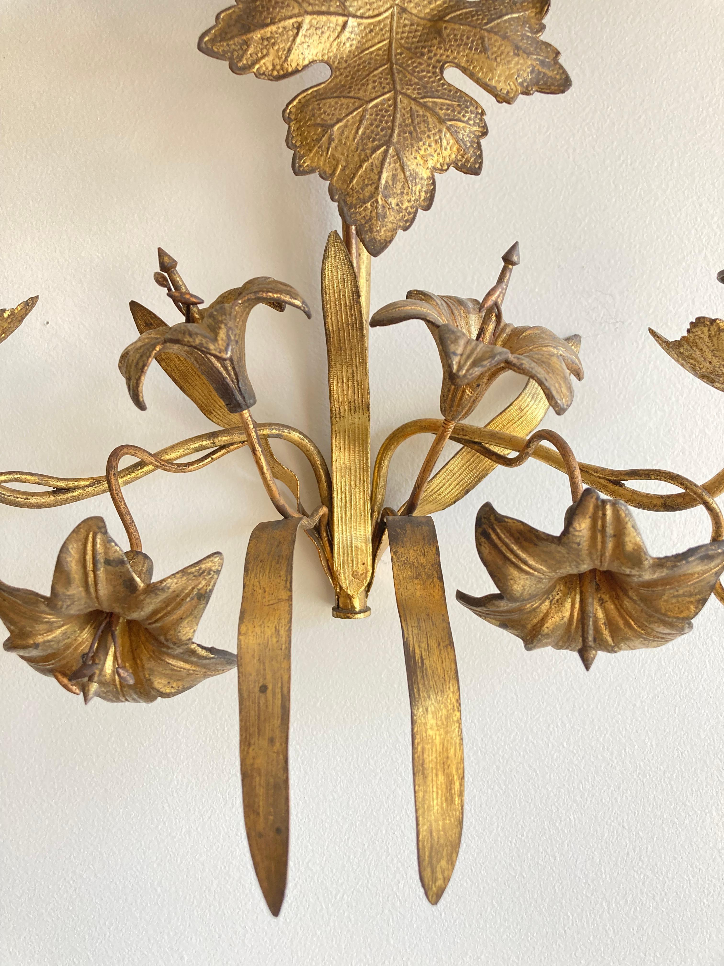 Napoleon III Large Antique 19th Century French Floral Church Wall Sconce in Brass for Candles For Sale