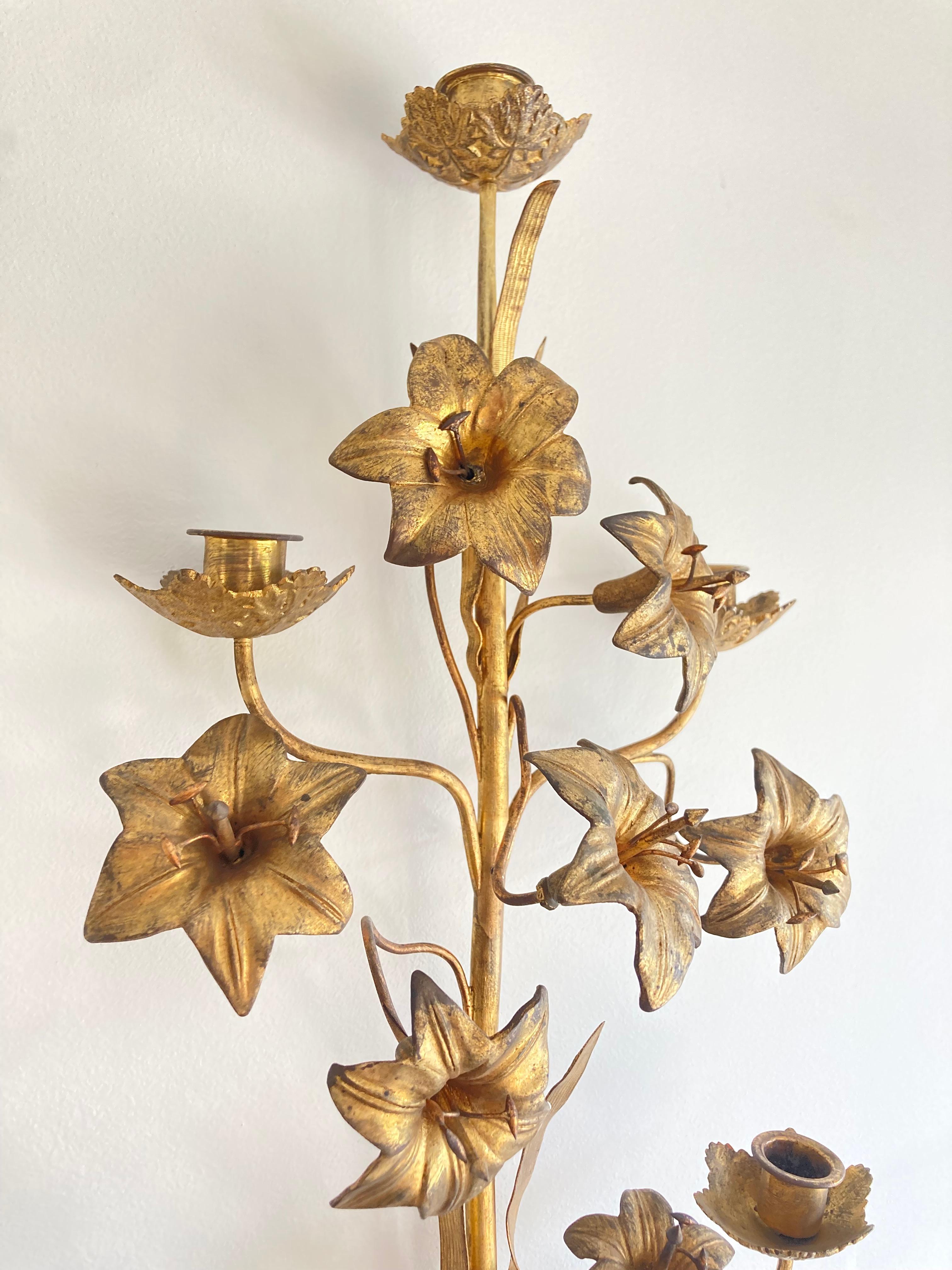 Welded Large Antique 19th Century French Floral Church Wall Sconce in Brass for Candles For Sale