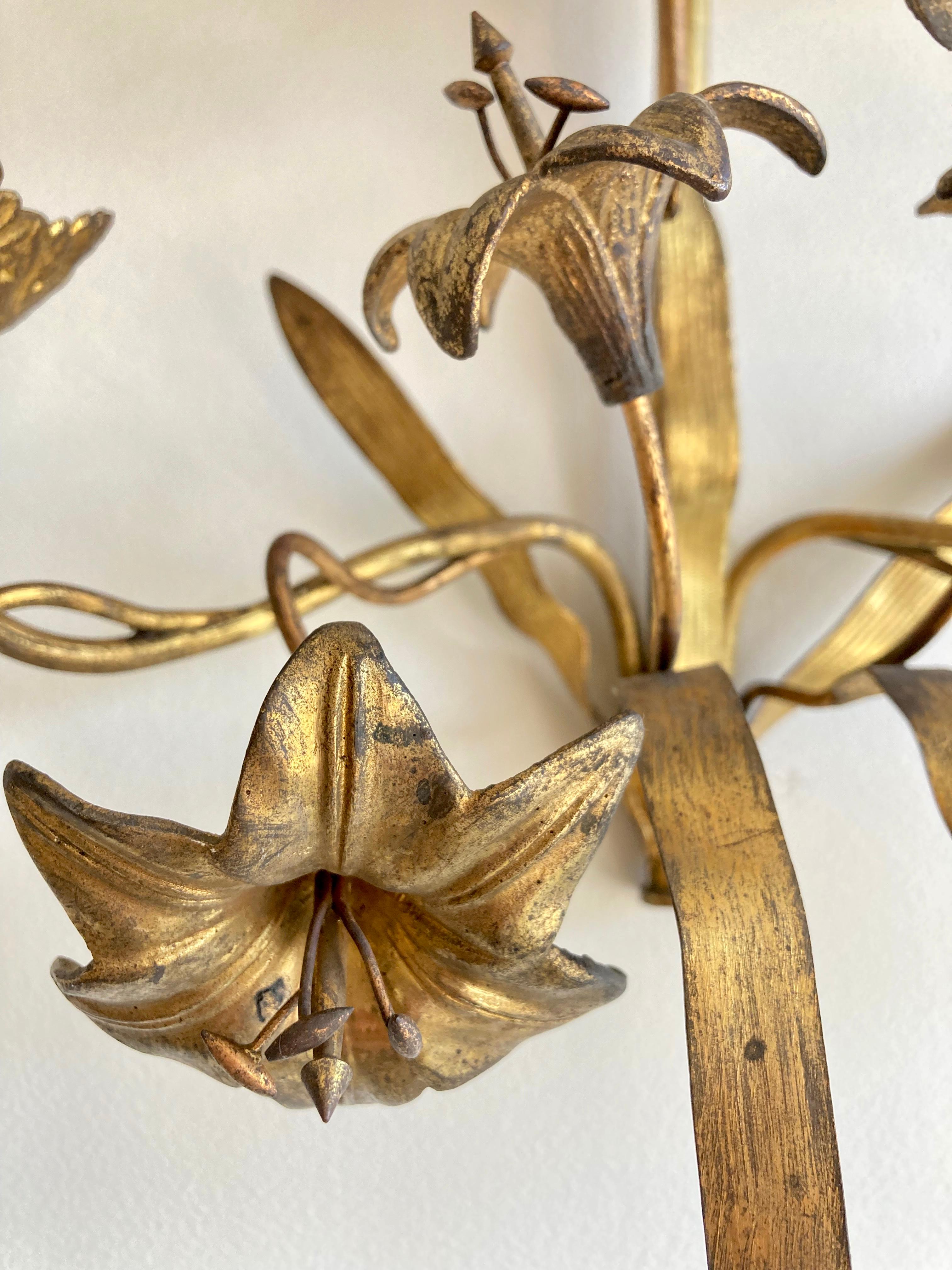 Large Antique 19th Century French Floral Church Wall Sconce in Brass for Candles For Sale 1