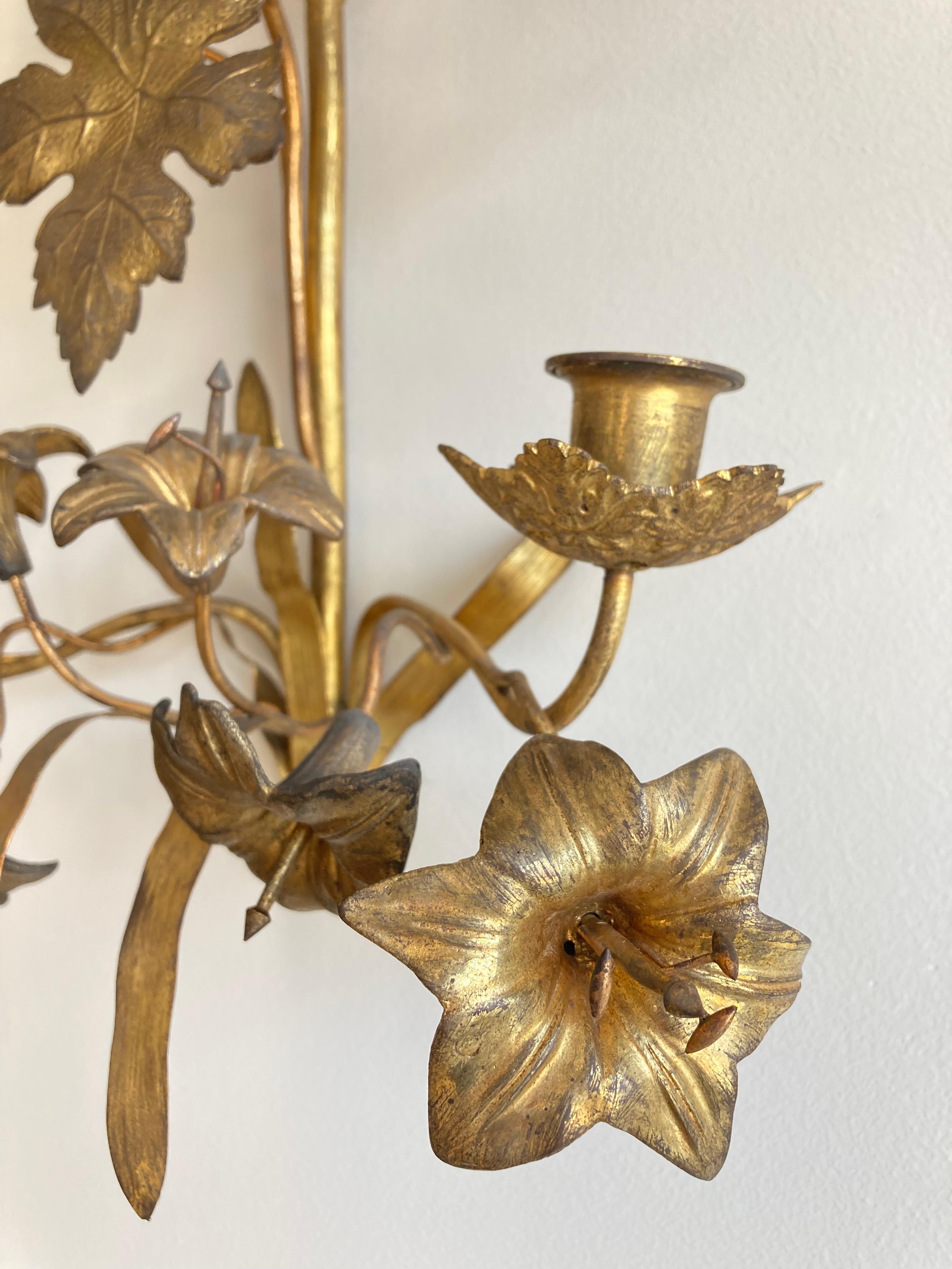 Large Antique 19th Century French Floral Church Wall Sconce in Brass for Candles For Sale 2