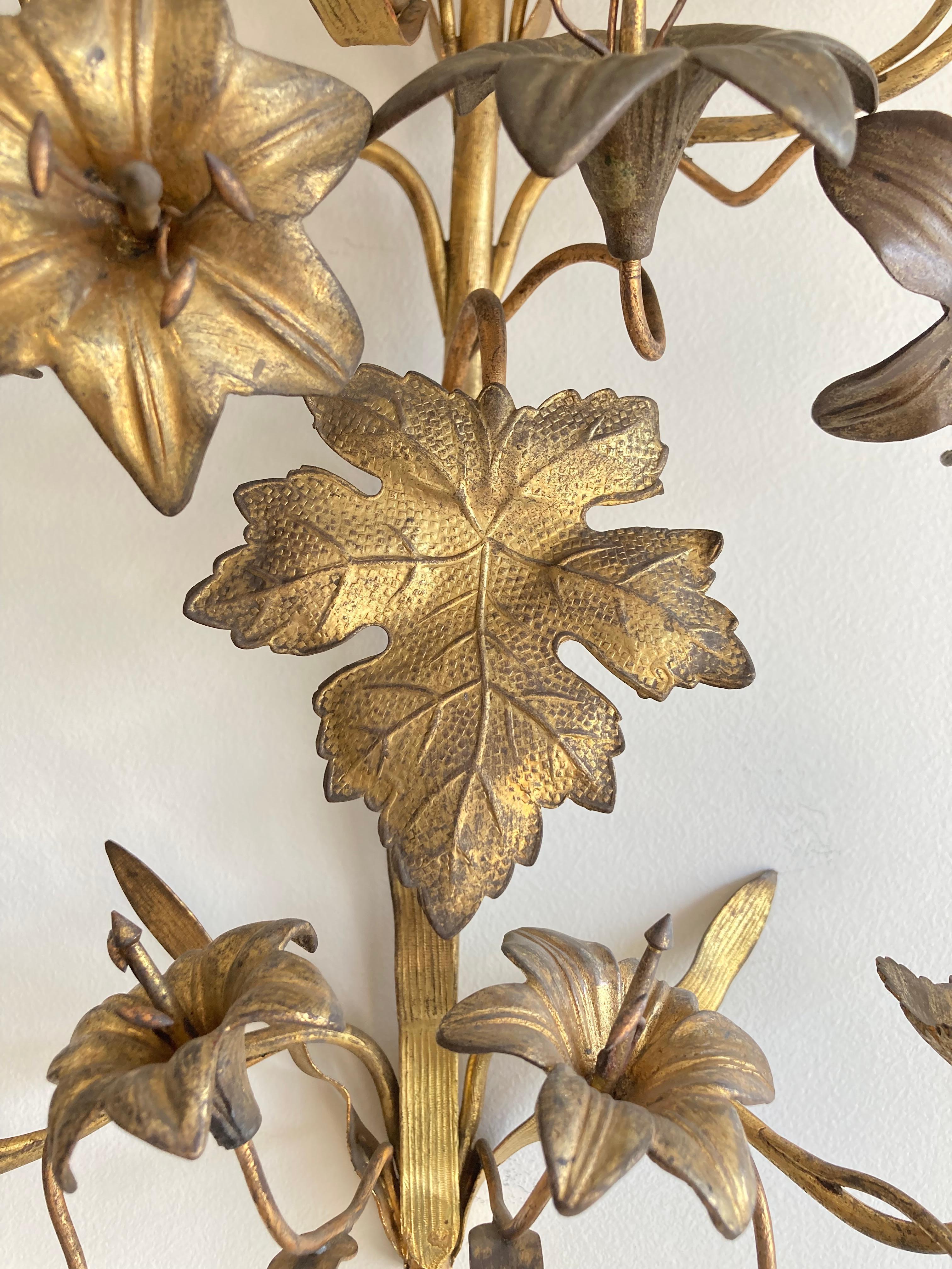 Large Antique 19th Century French Floral Church Wall Sconce in Brass for Candles For Sale 3