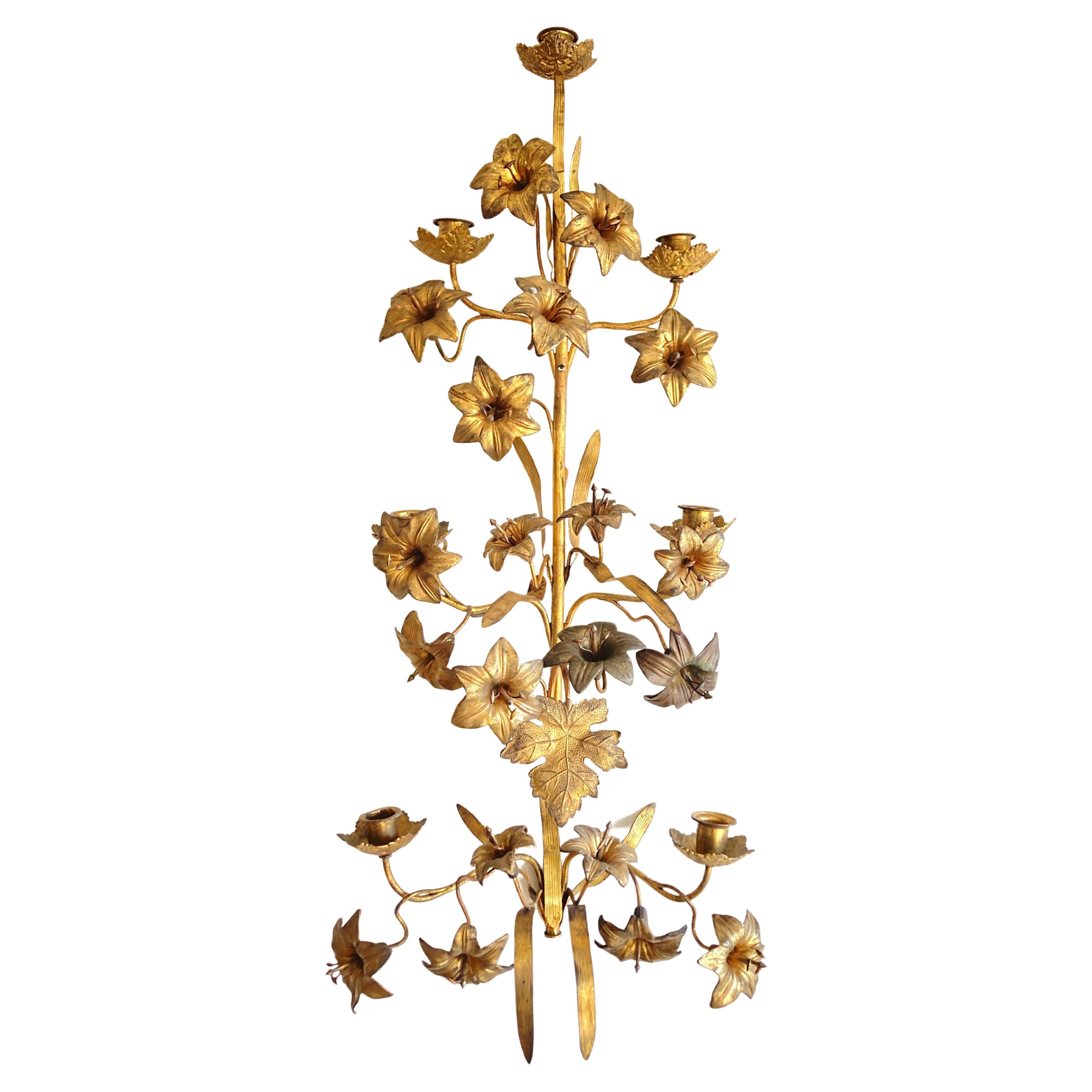 Large Antique 19th Century French Floral Church Wall Sconce in Brass for Candles For Sale