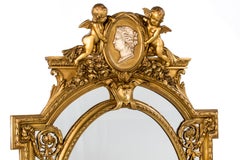 Grand miroir français ancien du 19ème siècle à parcloses Louis Seize doré à la feuille d'or